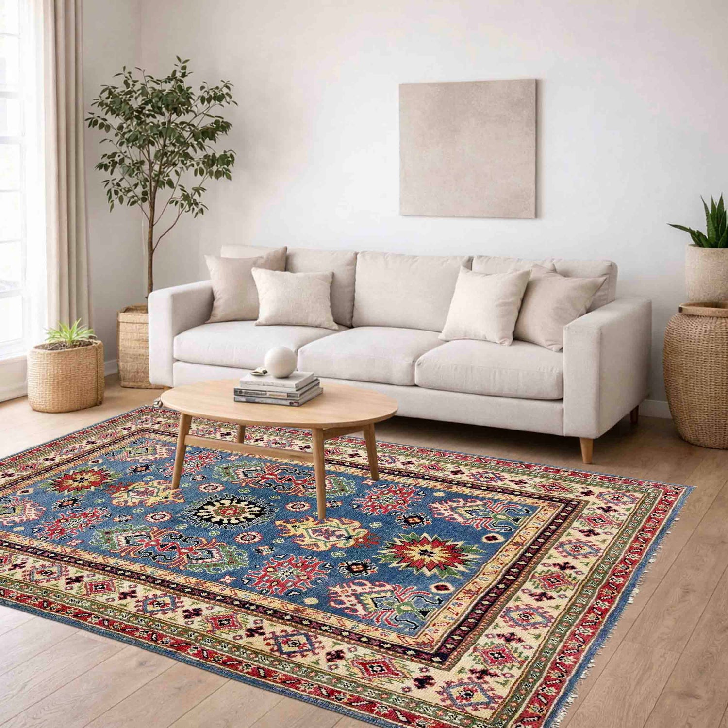 Kazak Rug Handmade Blue Medallion 4x6 ft
