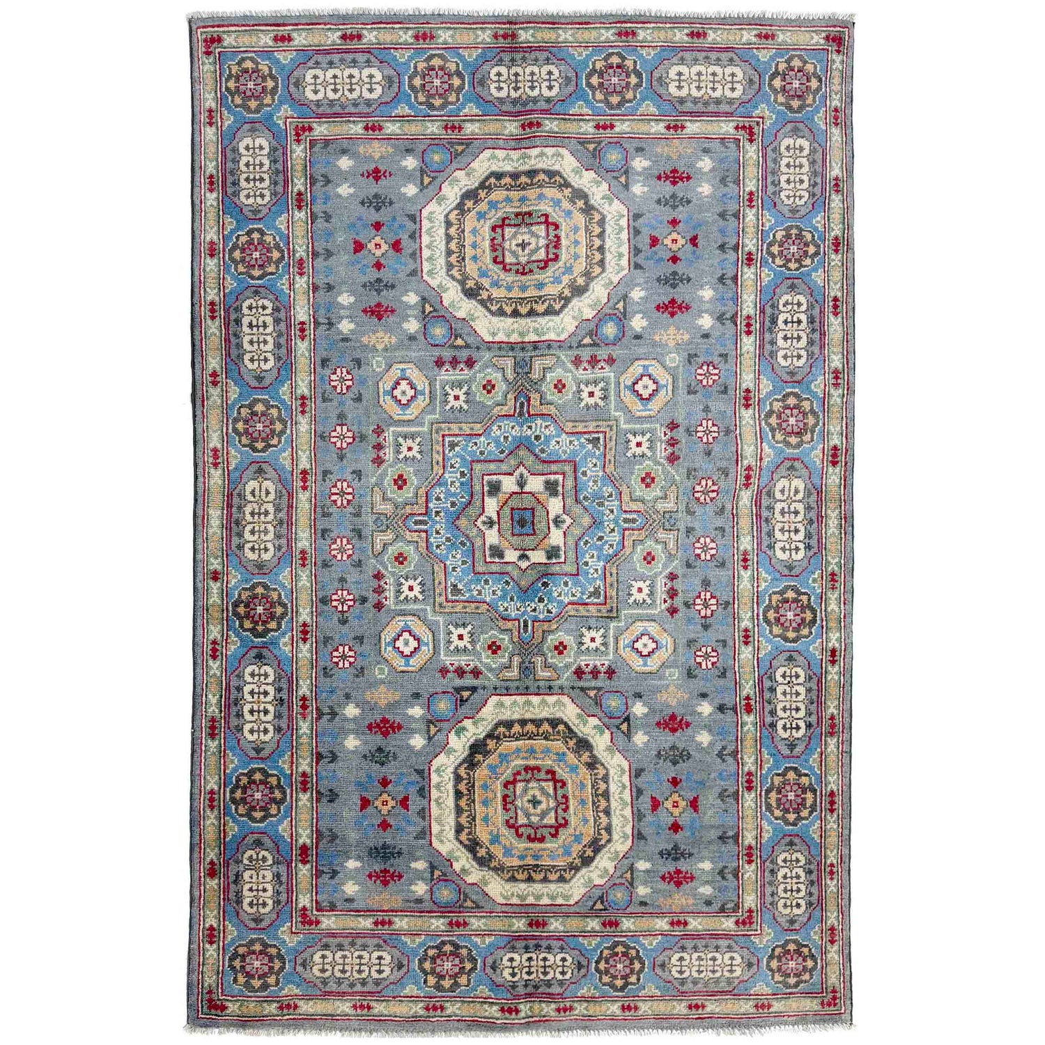 Kazak Rug Handmade Gray Medallion 4x6 ft
