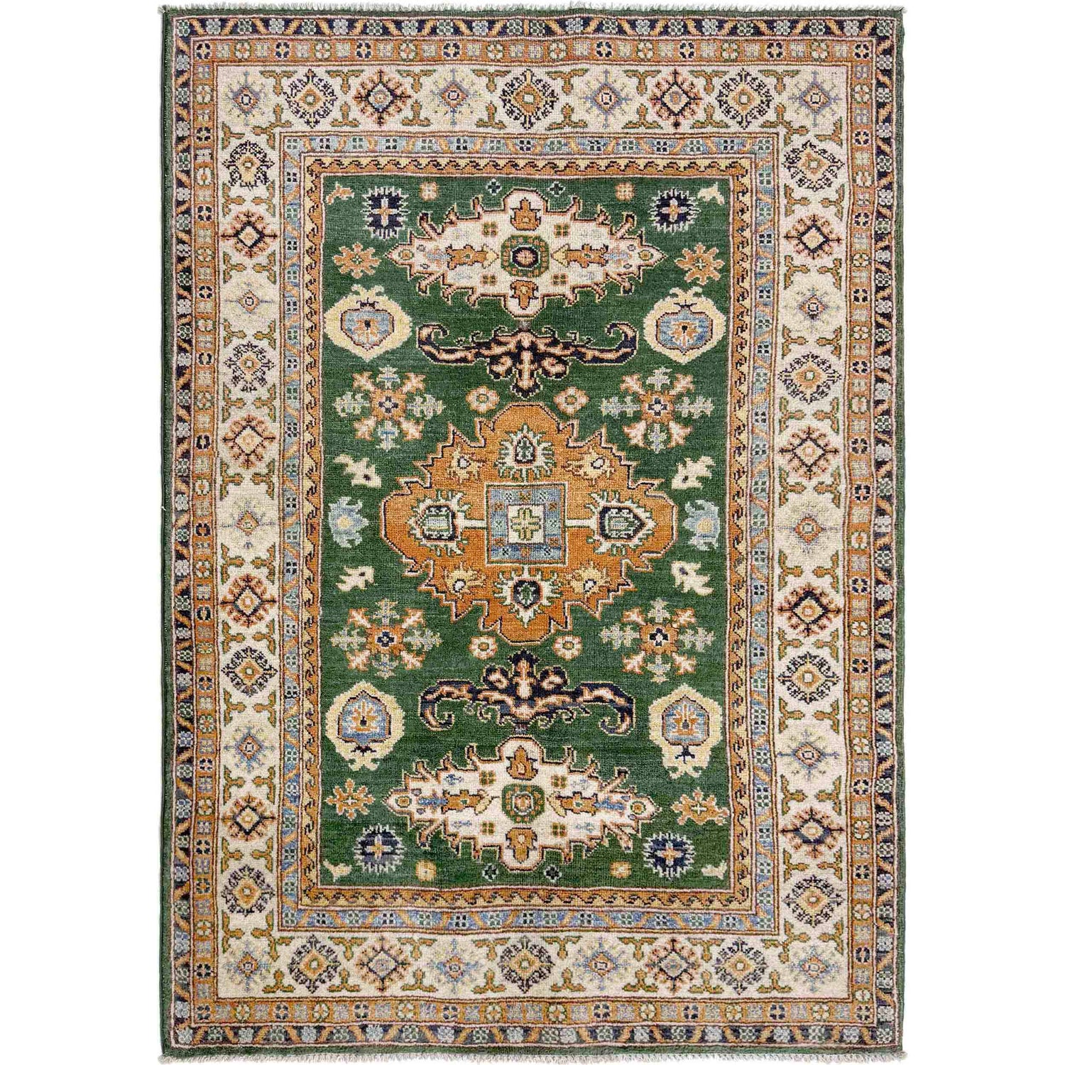 Kazak Rug Handmade Green Medallion 4x6 ft