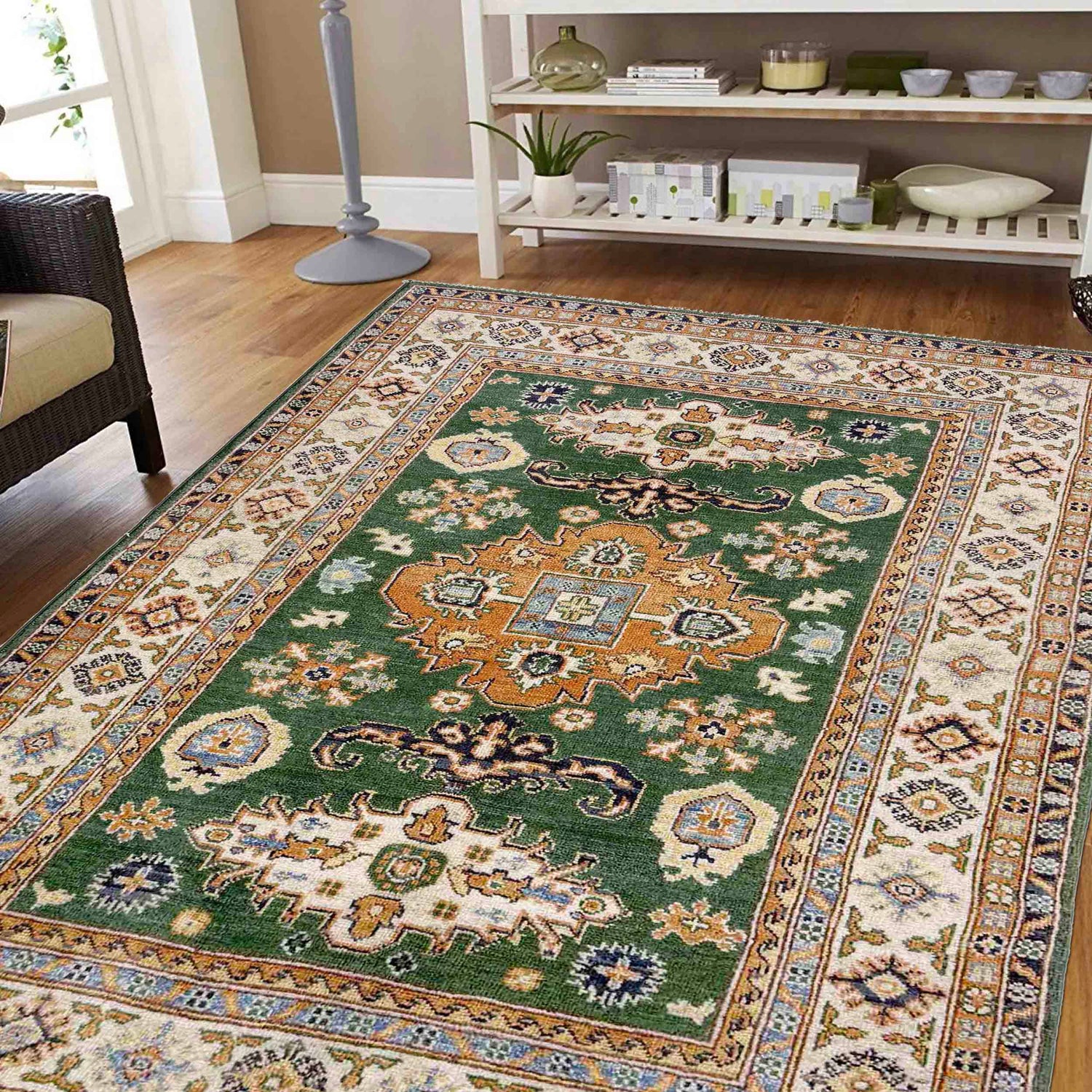 Kazak Rug Handmade Green Medallion 4x6 ft