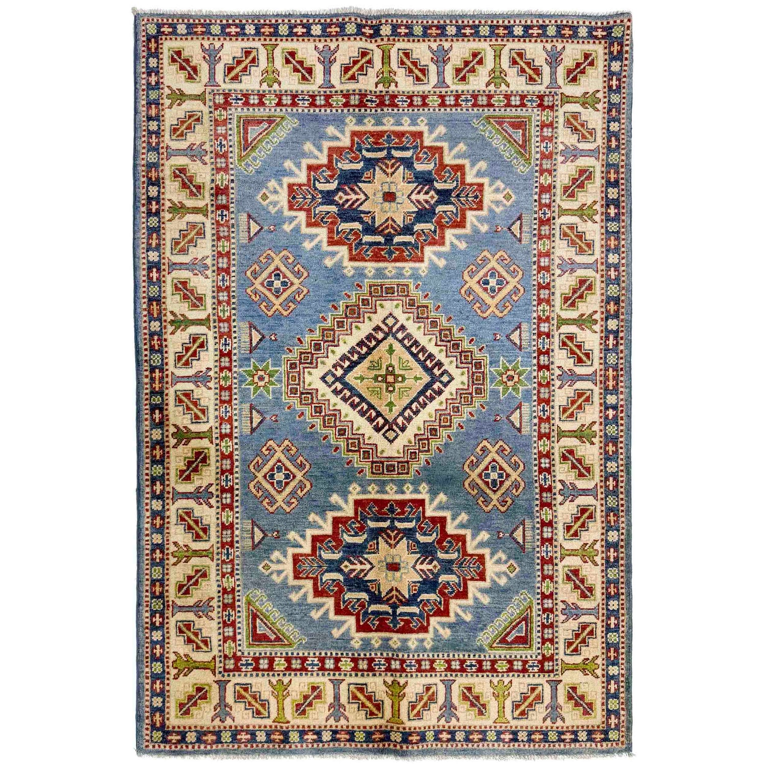 Kazak Rug Handmade Blue Medallion 4x6 ft