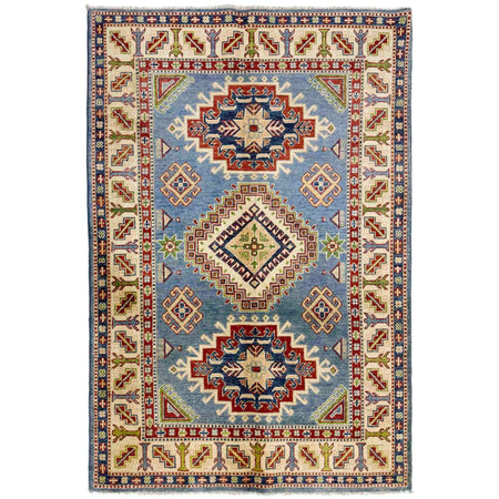 Kazak Rug Handmade Blue Medallion 4x6 ft