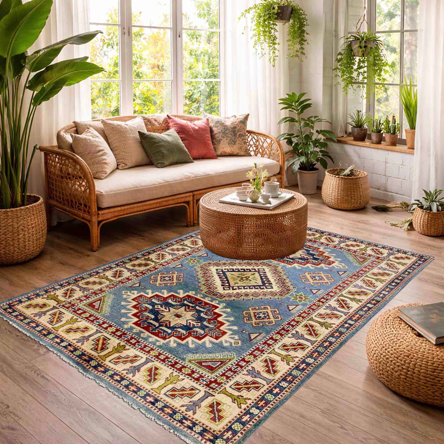 Kazak Rug Handmade Blue Medallion 4x6 ft