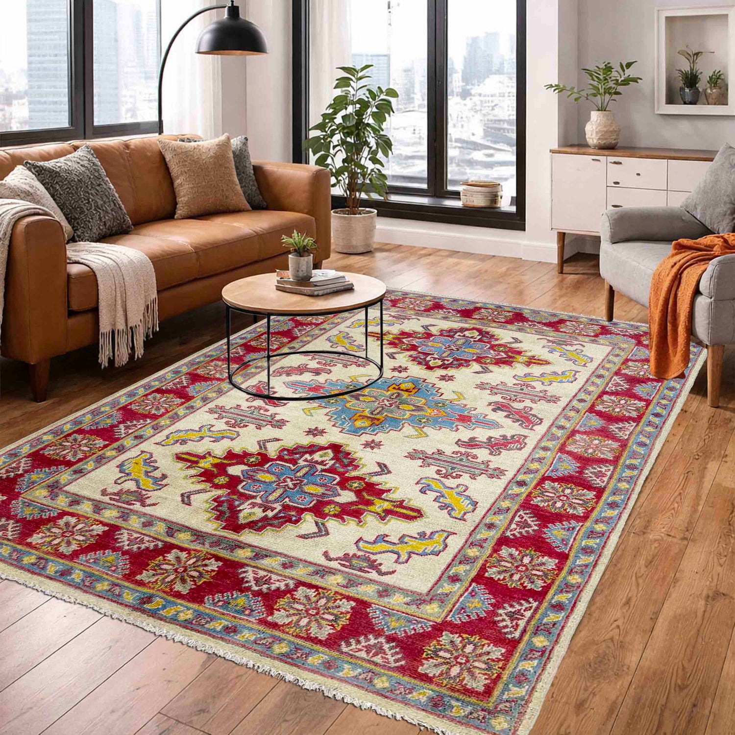 Kazak Rug Handmade Beige Medallion 4x6 ft
