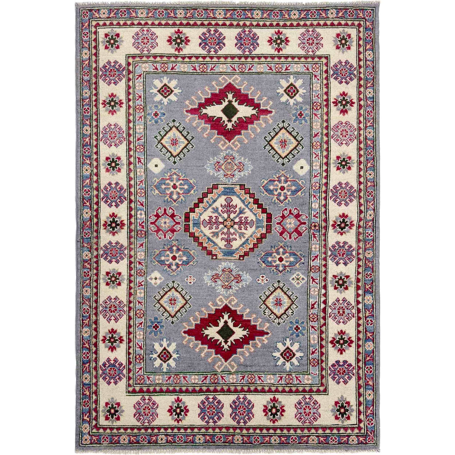 Kazak Rug Handmade Gray Medallion 4x6 ft