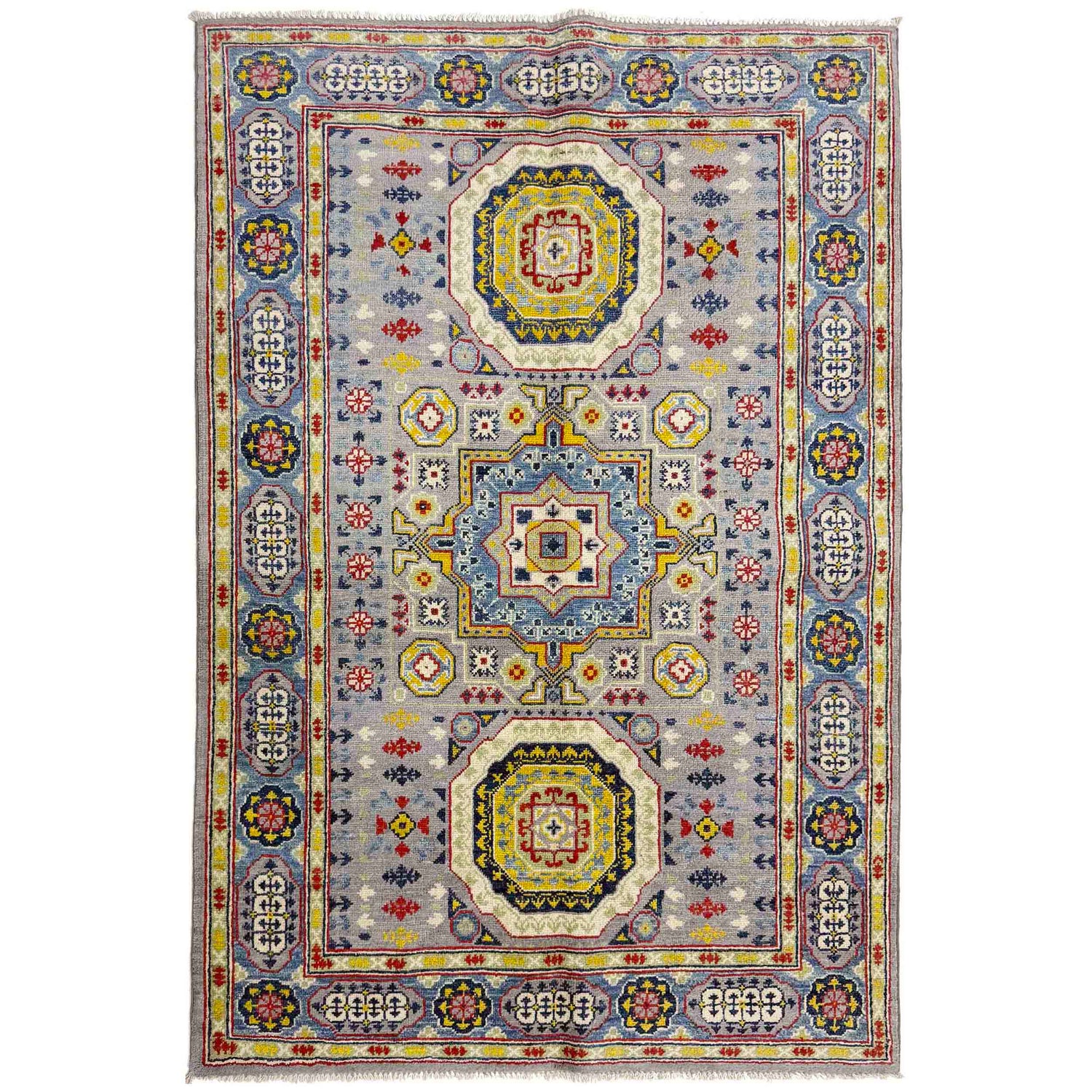 Kazak Rug Handmade Gray Medallion 4x6 ft