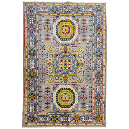 Kazak Rug Handmade Gray Medallion 4x6 ft