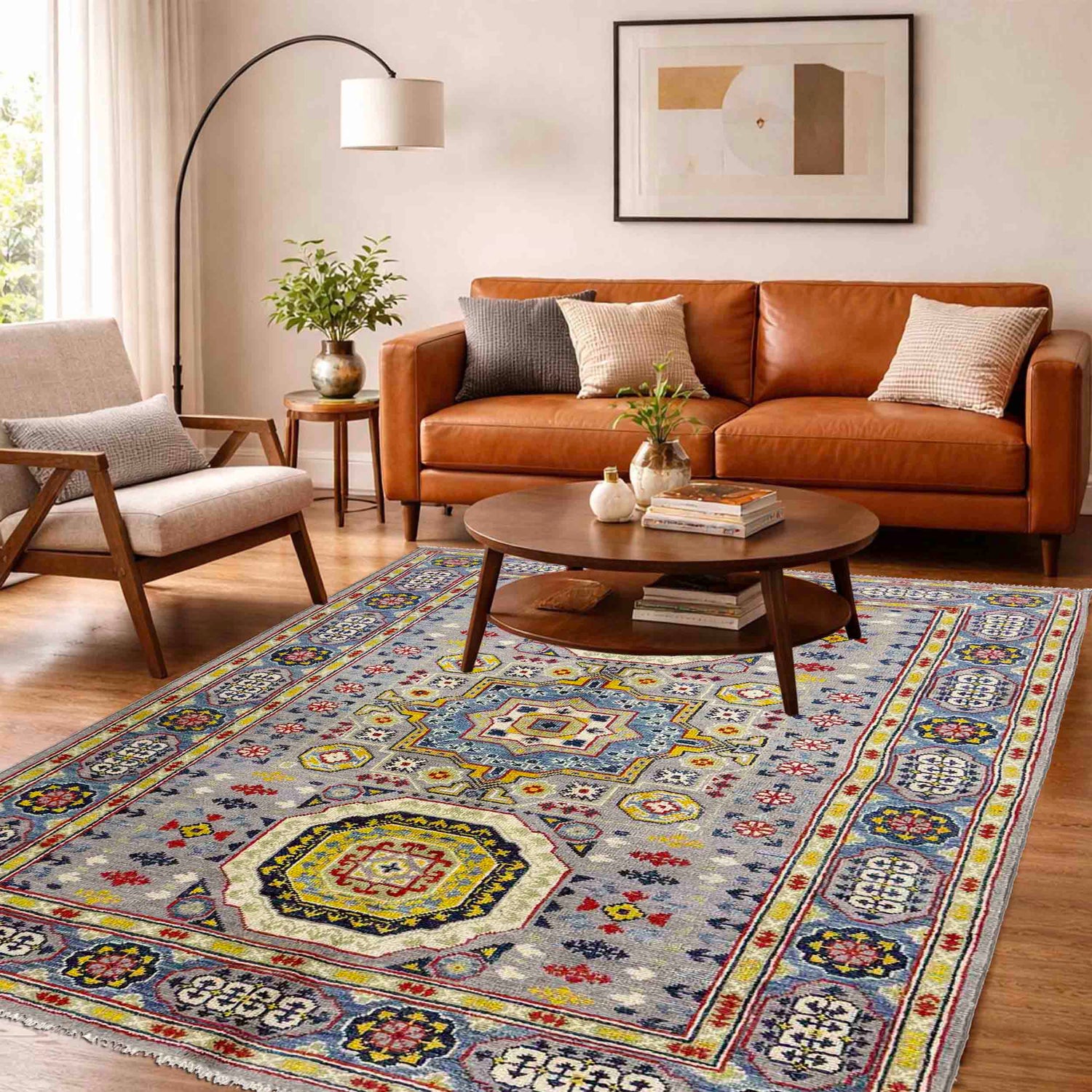 Kazak Rug Handmade Gray Medallion 4x6 ft