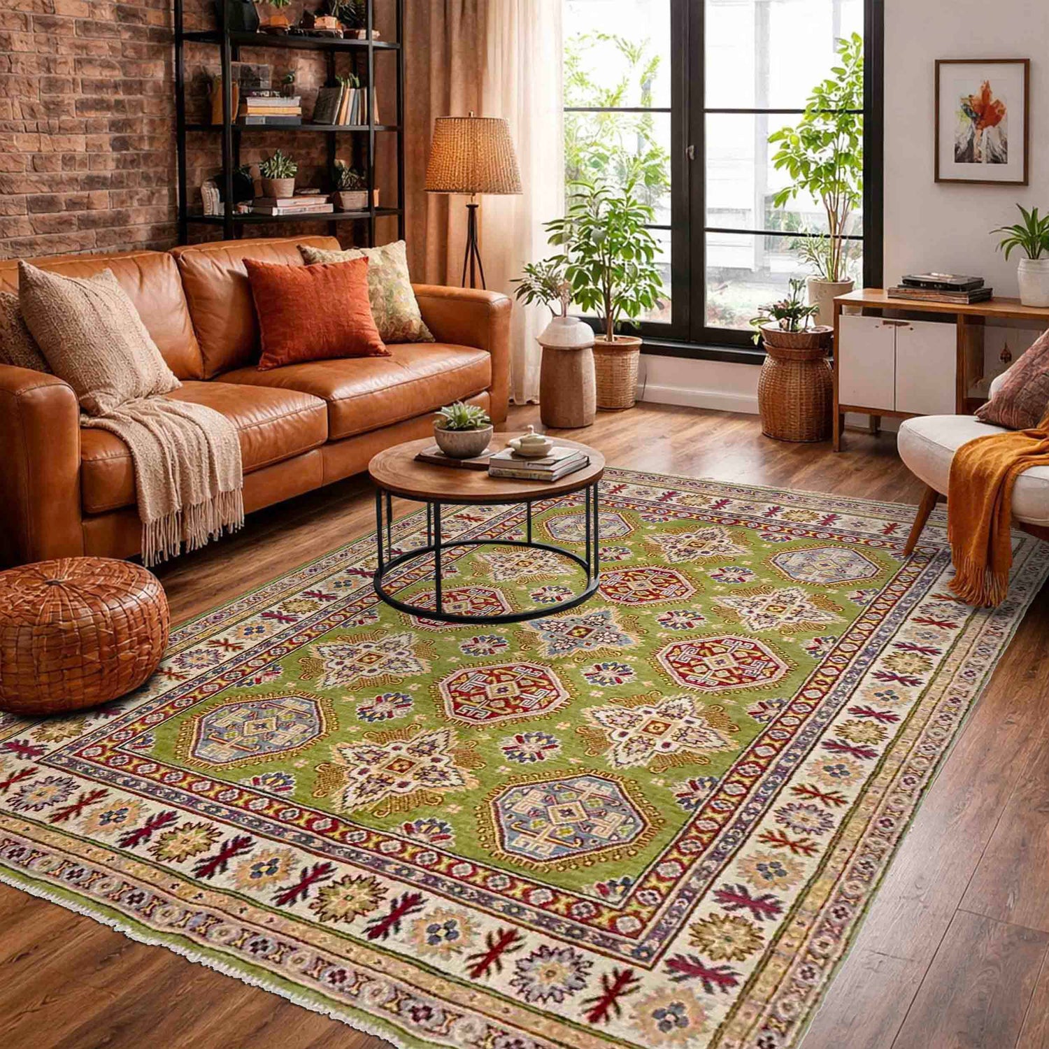 Kazak Rug Handmade Green Medallion 4x7 ft