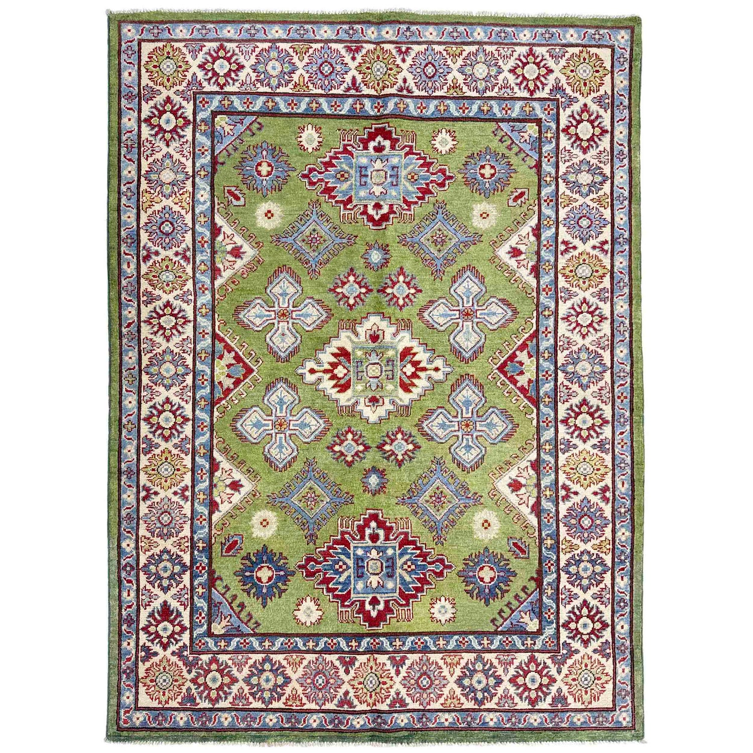 Kazak Rug Handmade Green Medallion 4x7 ft