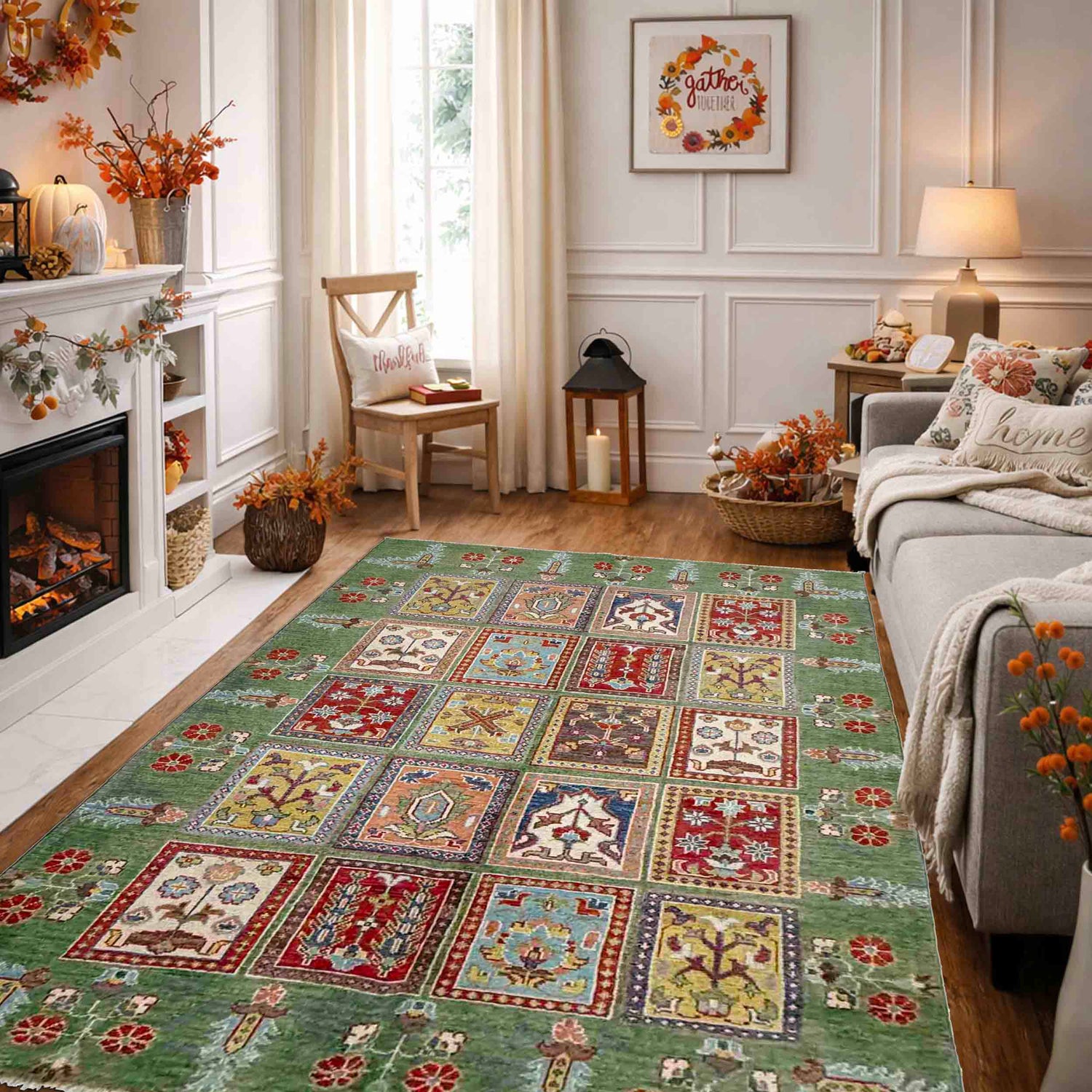 Bakhtiar Area Rug Handmade Green Floral 4x7 ft