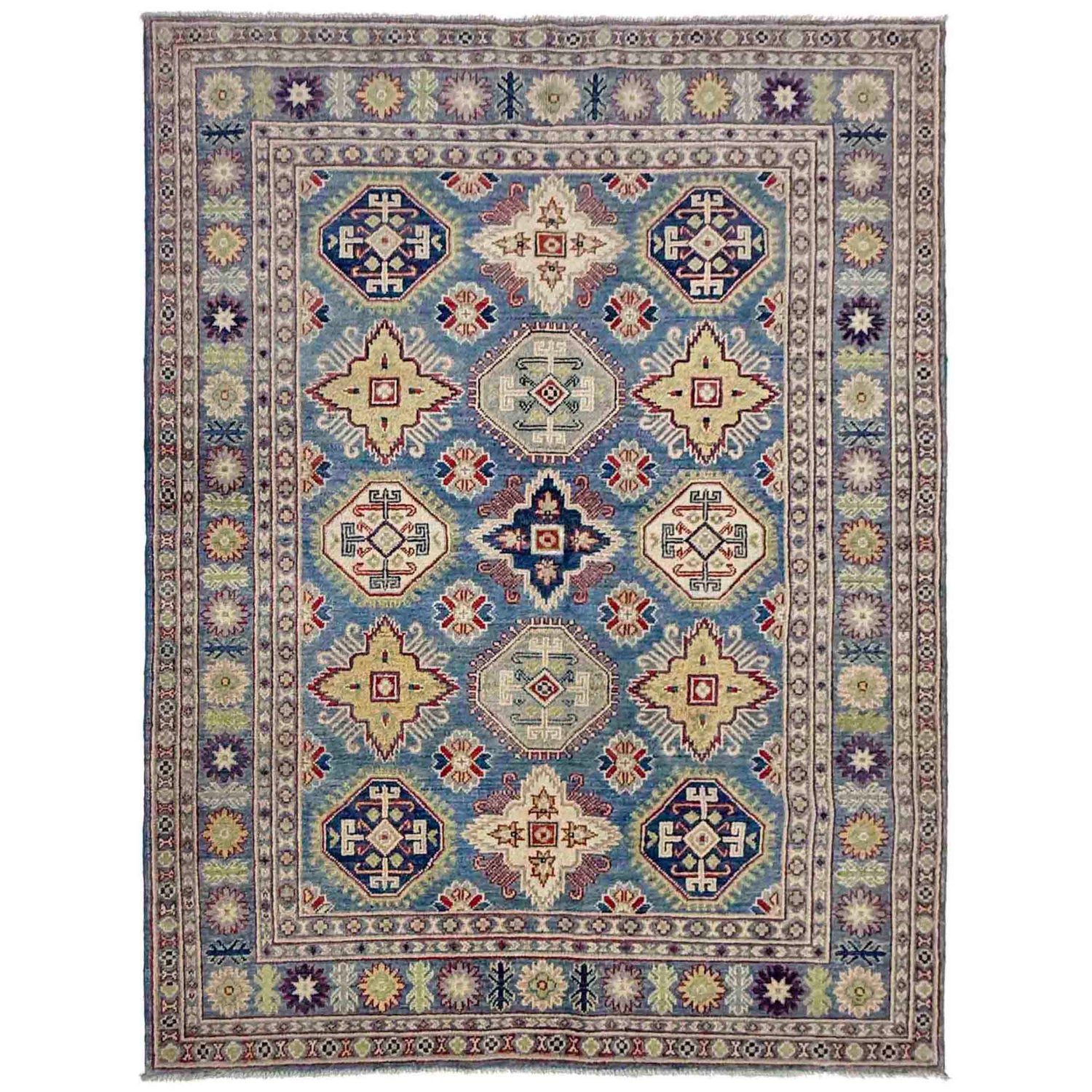 Kazak Rug Handmade Blue Medallion 4x7 ft