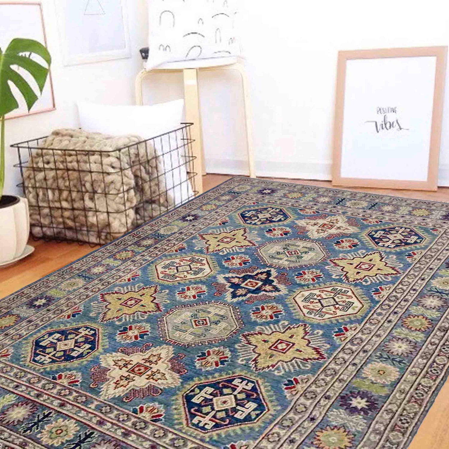 Kazak Rug Handmade Blue Medallion 4x7 ft