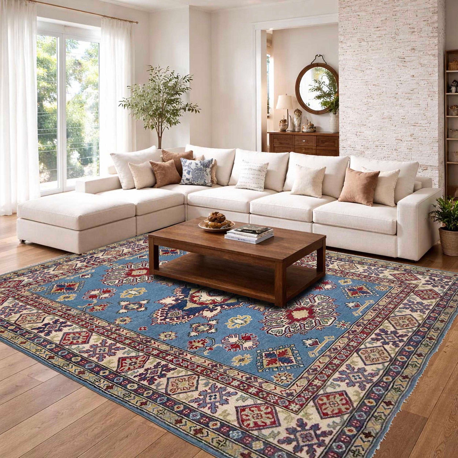 Kazak Rug Handmade Blue Medallion 5x8 ft