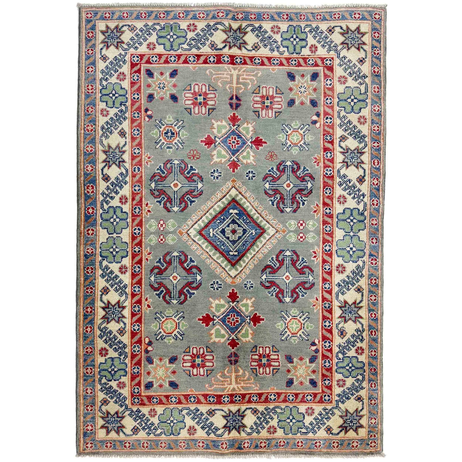 Kazak Rug Handmade Gray Medallion 4x6 ft