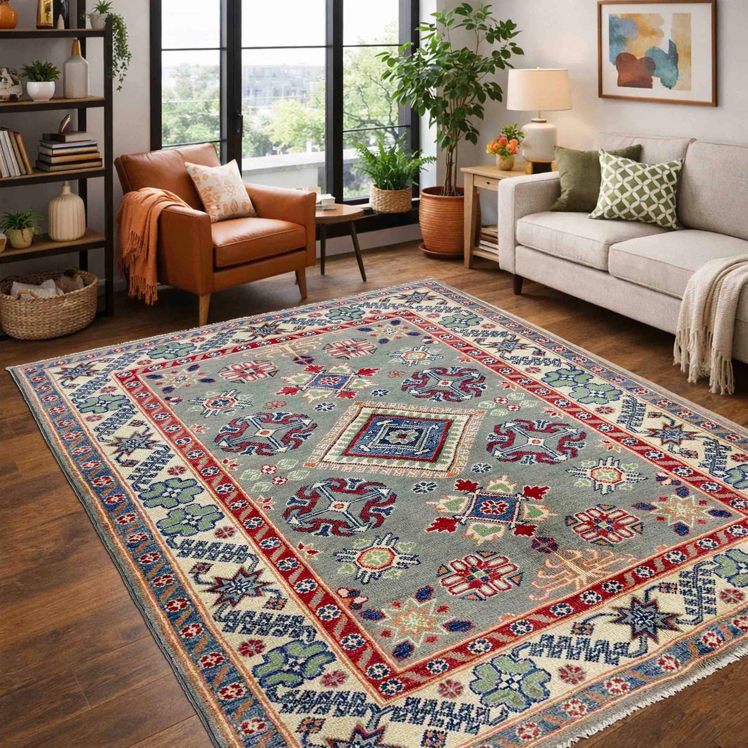 Kazak Rug Handmade Gray Medallion 4x6 ft