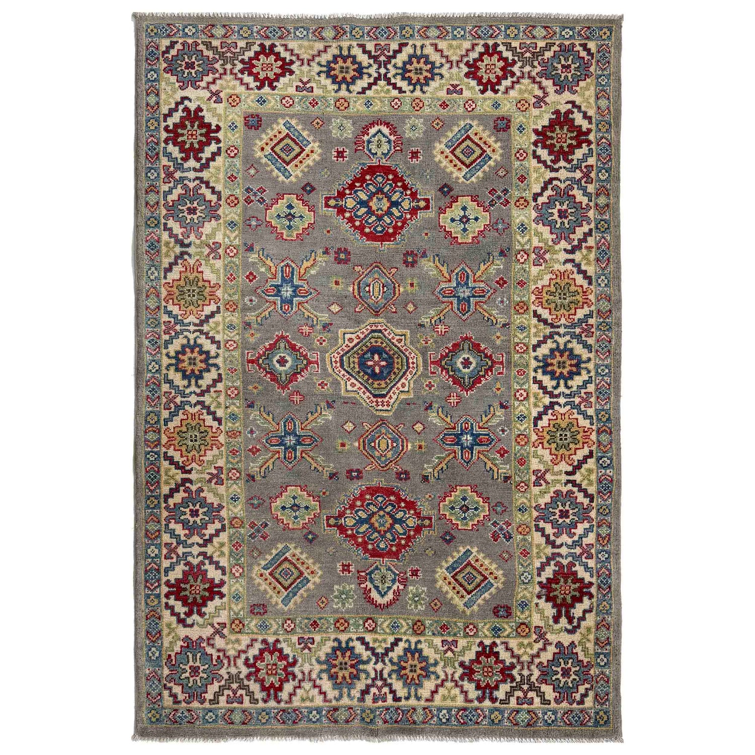 Kazak Rug Handmade Gray Medallion 4x6 ft