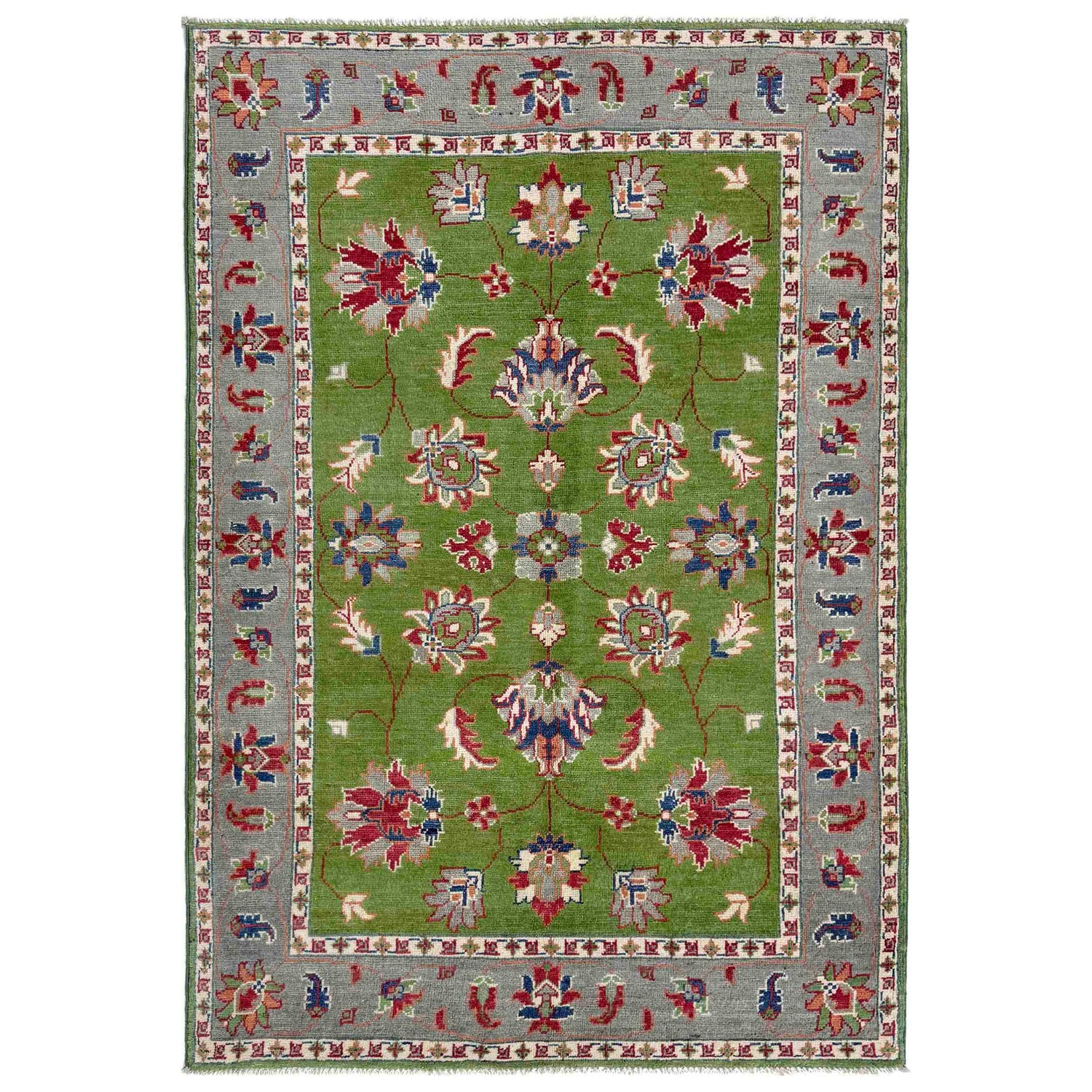 Kazak Rug Handmade Green Medallion 4x6 ft
