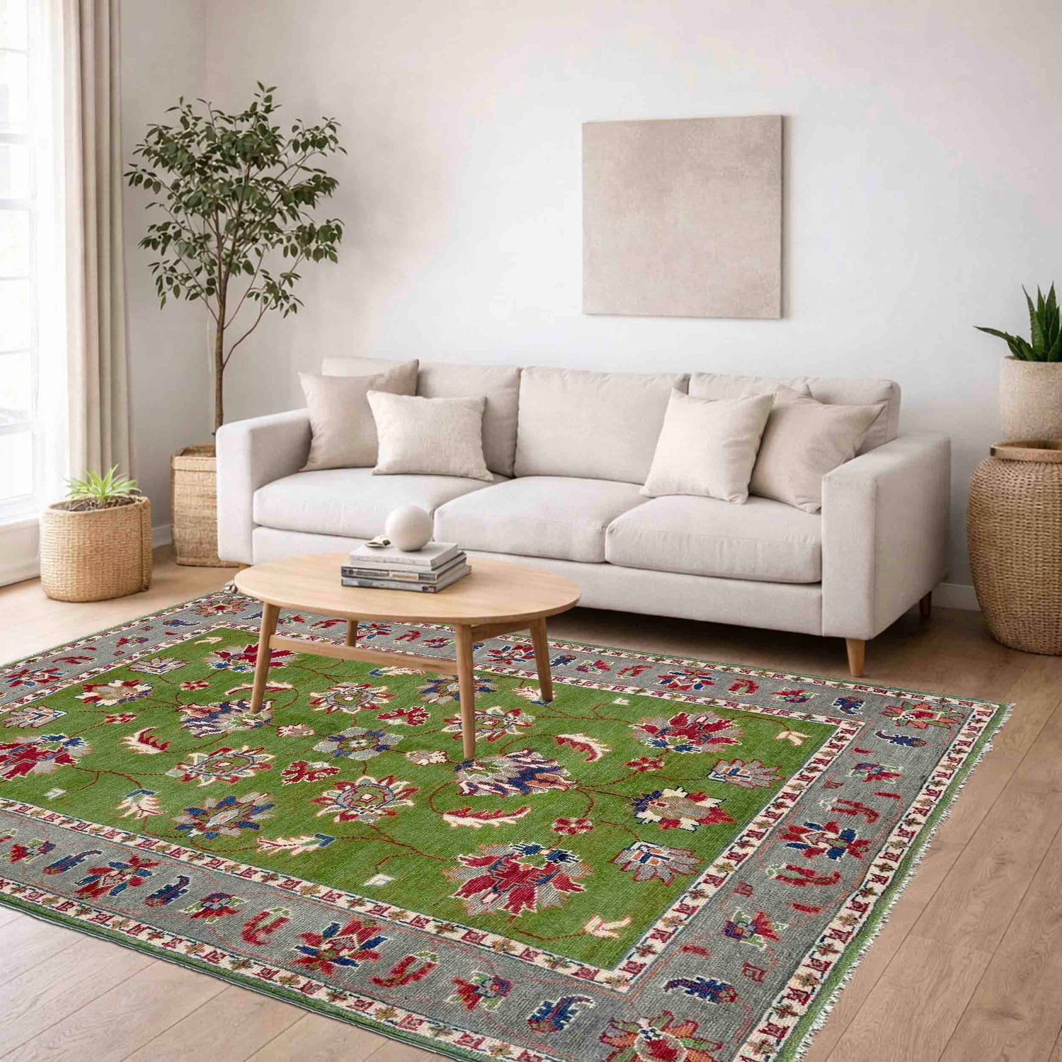 Kazak Rug Handmade Green Medallion 4x6 ft