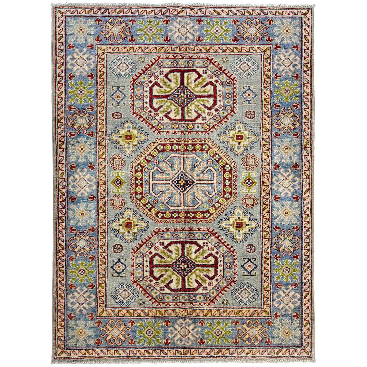 Kazak Rug Handmade Gray Medallion 4x6 ft