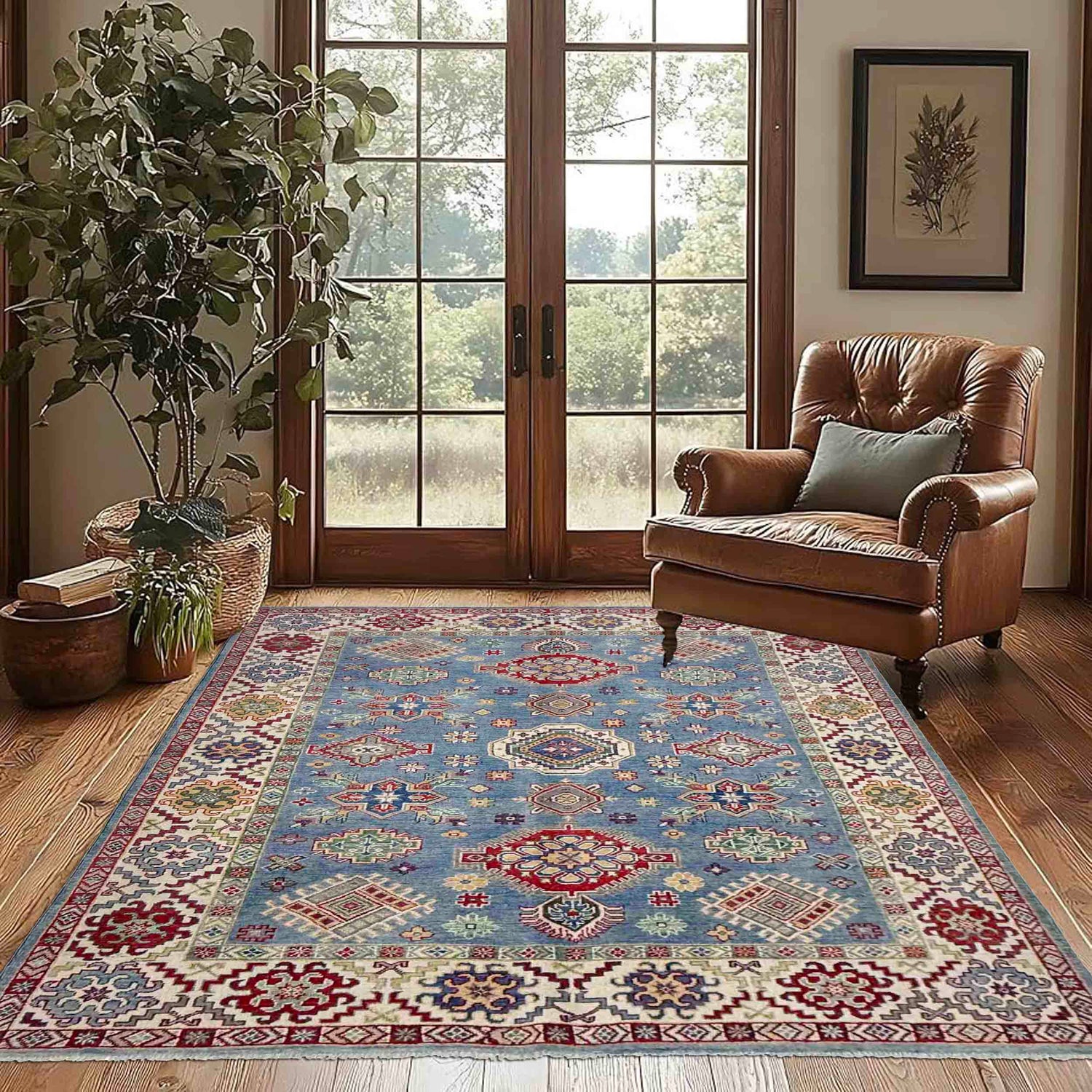 Kazak Rug Handmade Blue Medallion 5x8 ft
