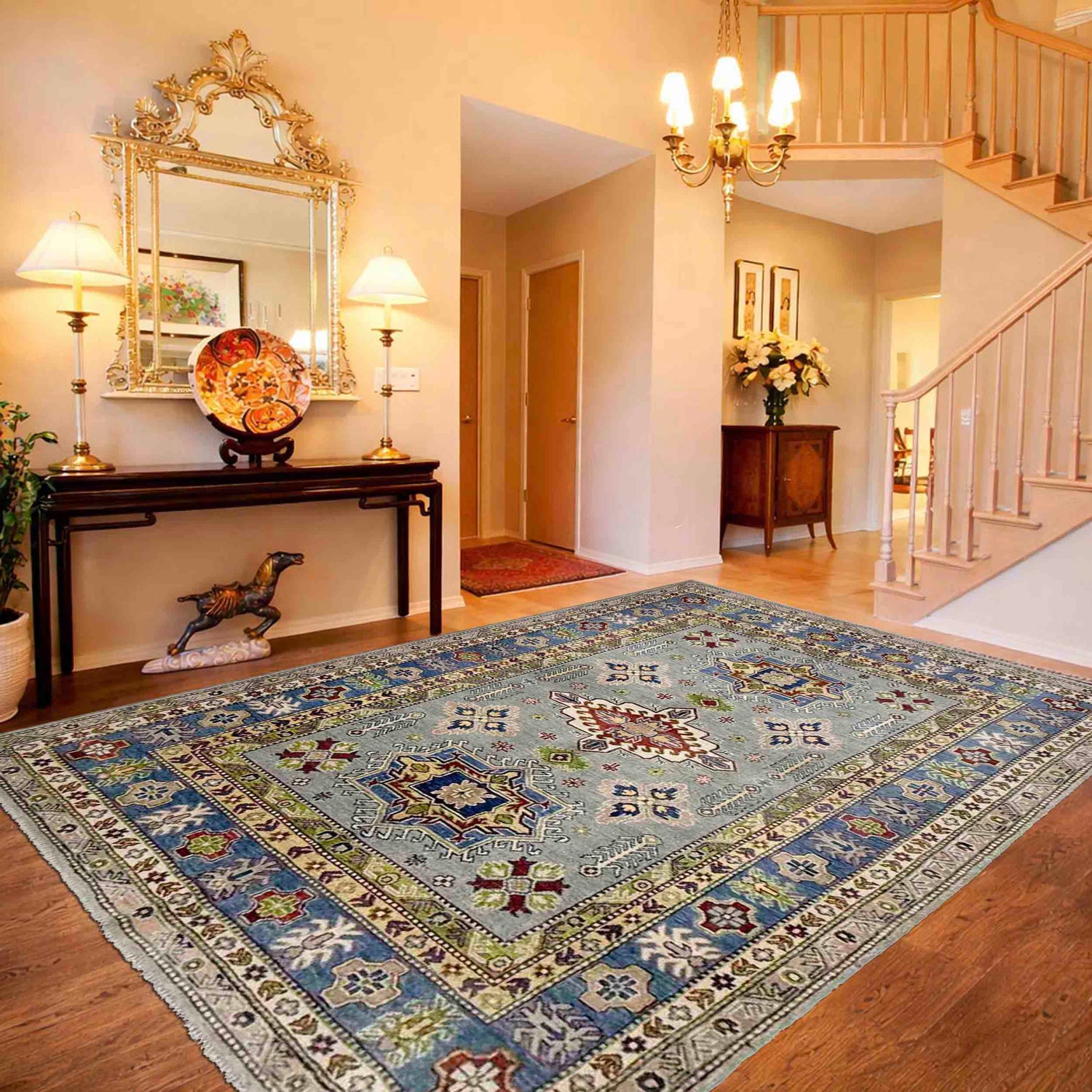 Kazak Rug Handmade Gray Medallion 5x8 ft