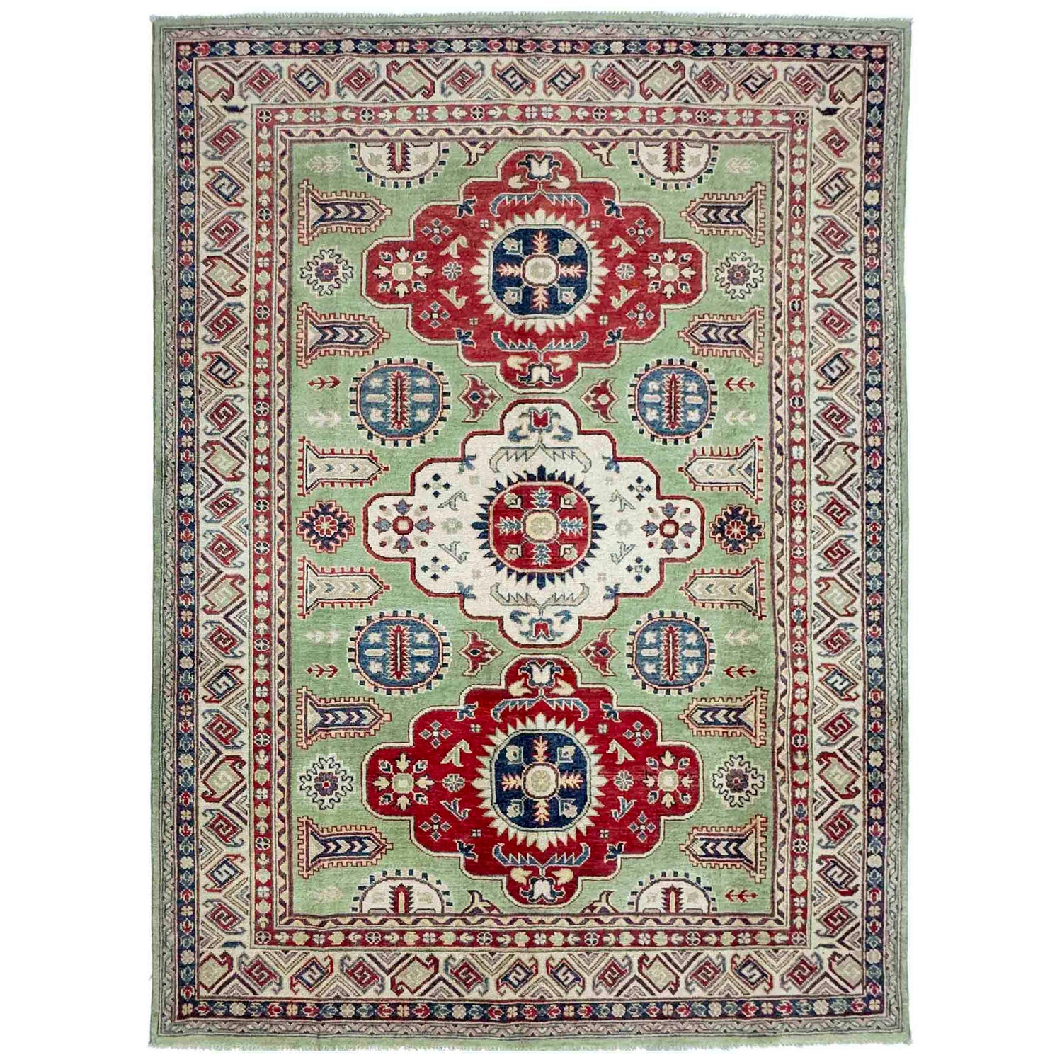 Kazak Rug Handmade Green Medallion 5x8 ft