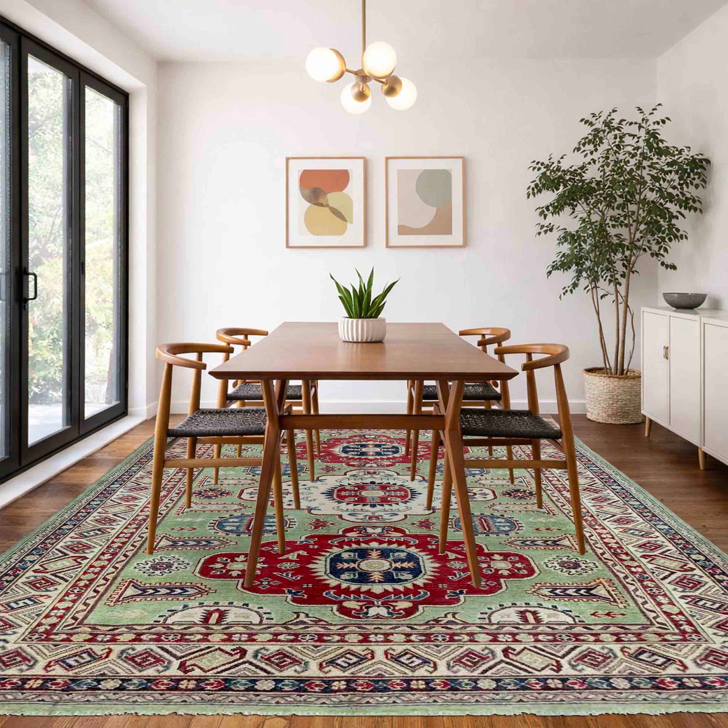 Kazak Rug Handmade Green Medallion 5x8 ft