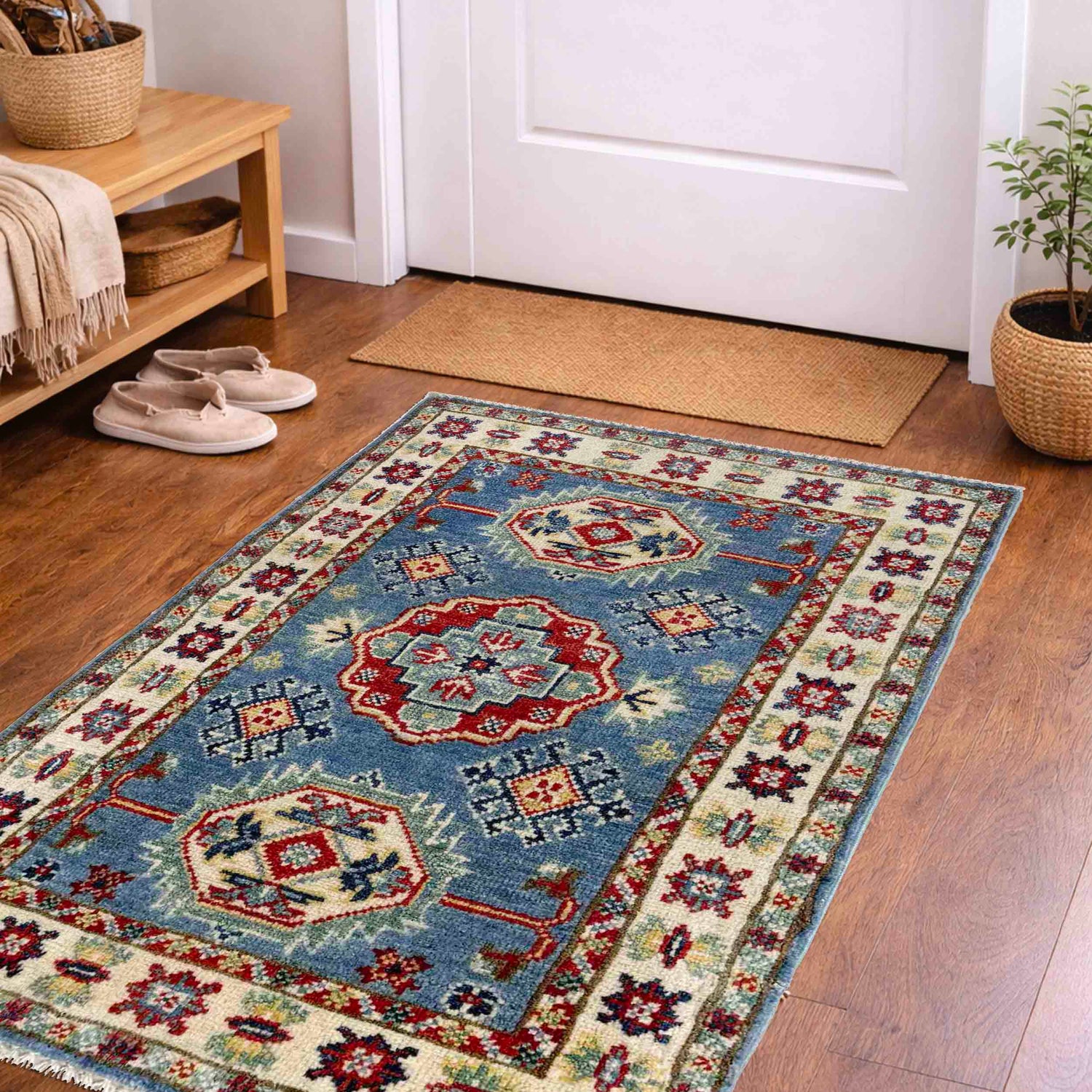 Kazak Rug Handmade Blue Medallion 2 x 3 ft