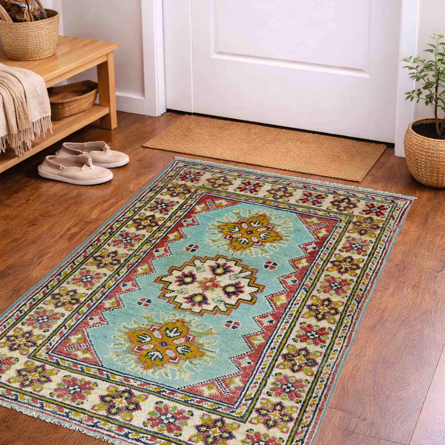 Kazak Rug Handmade Blue Medallion 2 x 3 ft