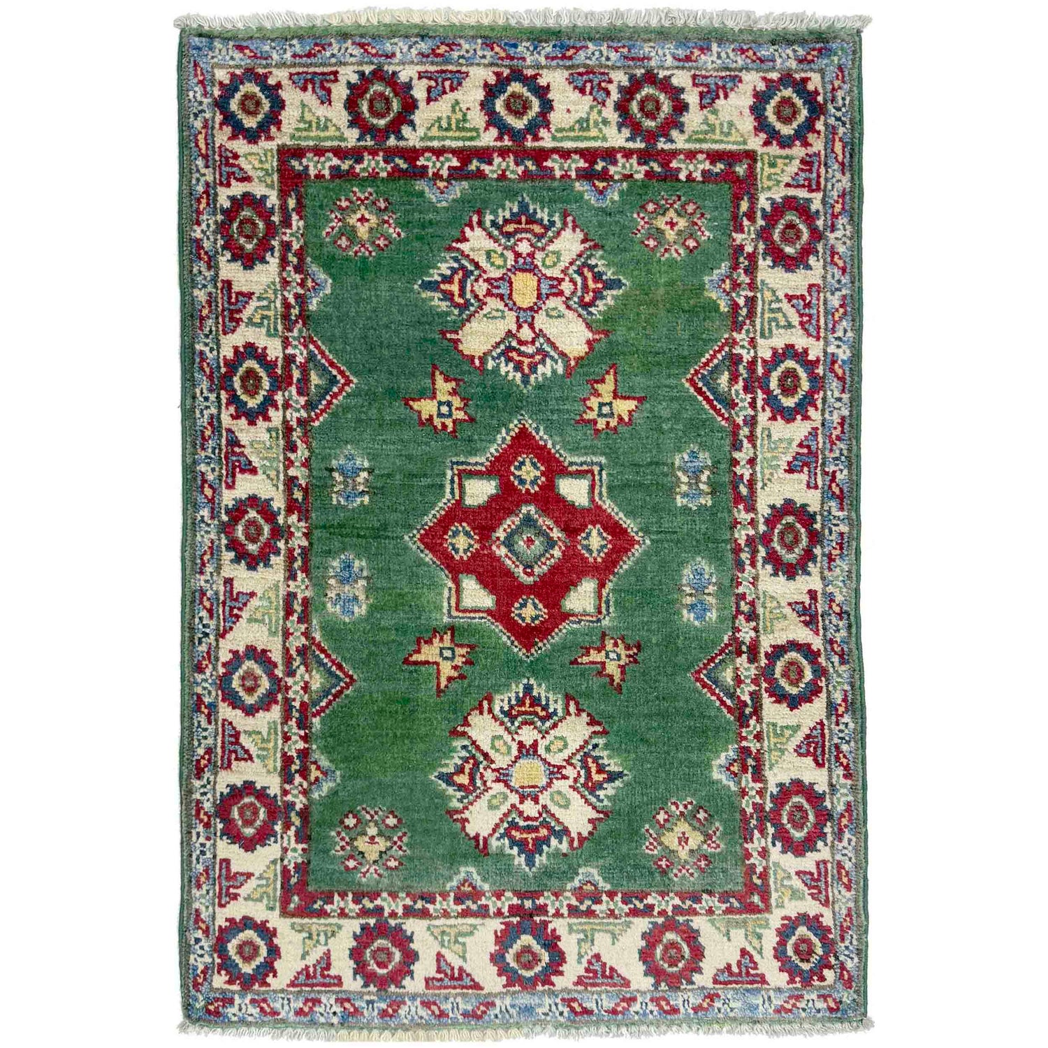 Kazak Rug Handmade Green Medallion 2 x 3 ft