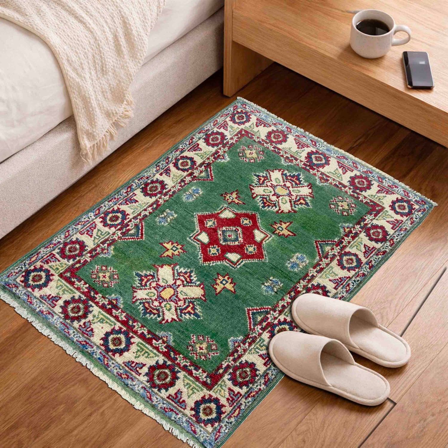 Kazak Rug Handmade Green Medallion 2 x 3 ft