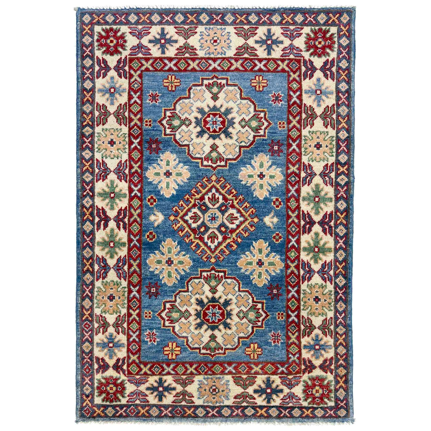 Kazak Rug Handmade Blue Medallion 2x4 ft