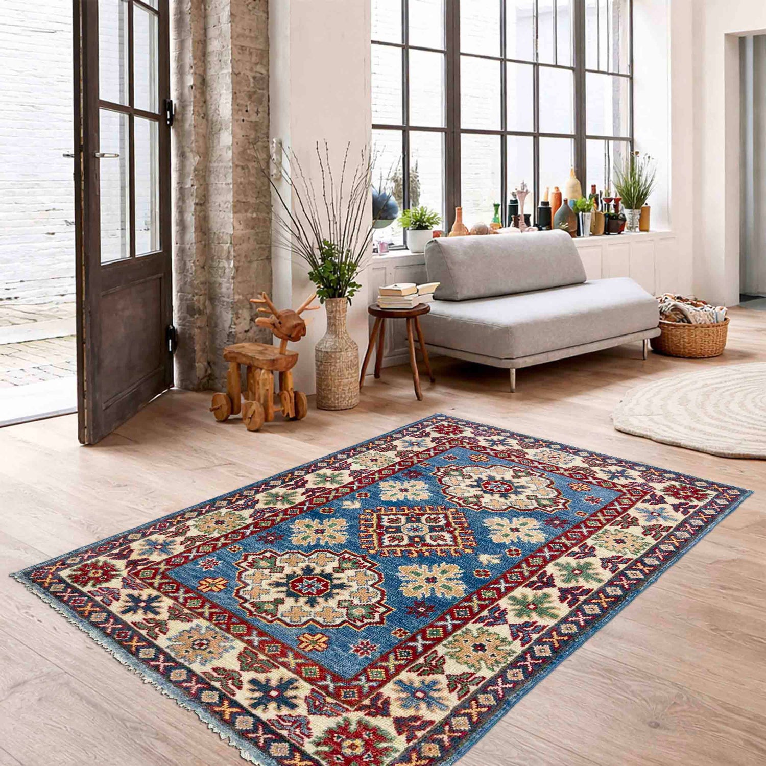 Kazak Rug Handmade Blue Medallion 2x4 ft