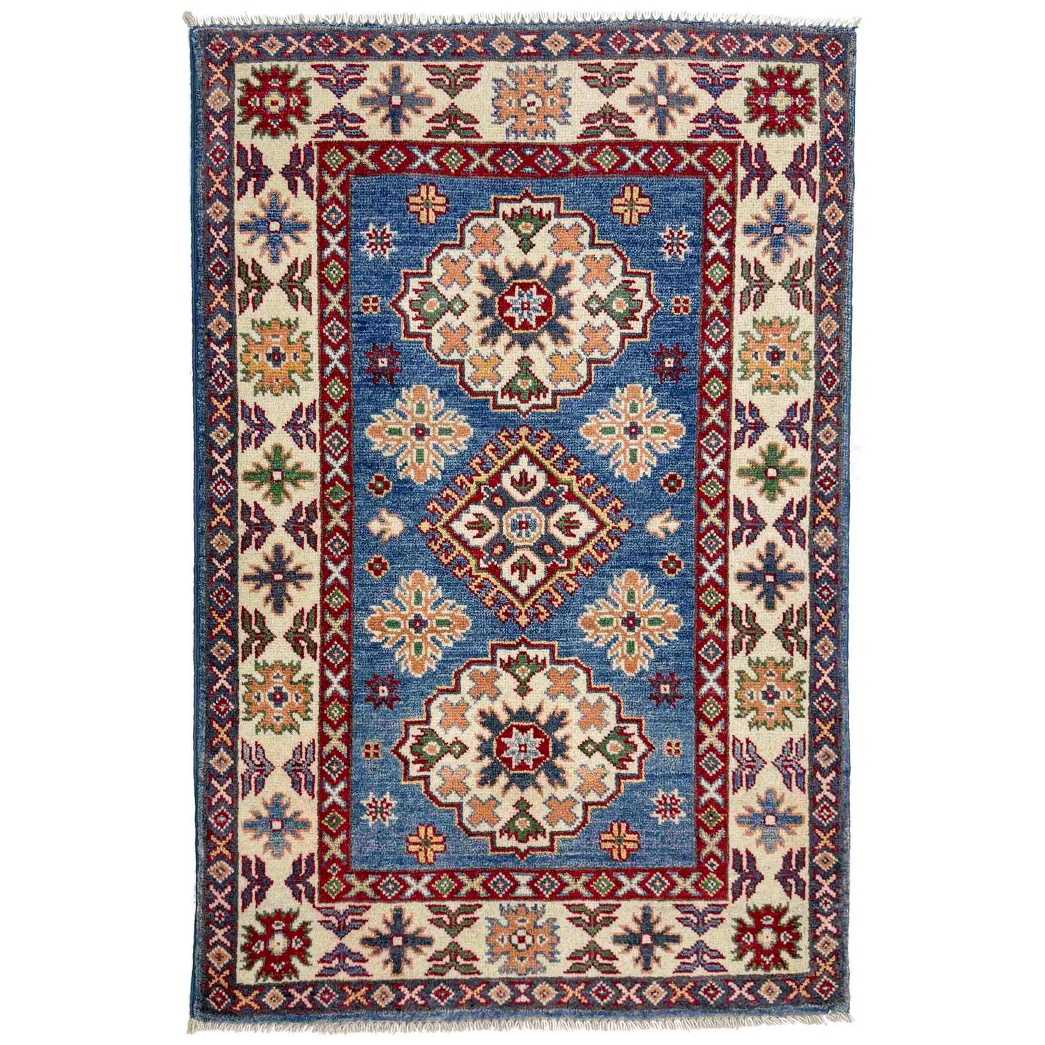 Kazak Rug Handmade Blue Medallion 2x4 ft