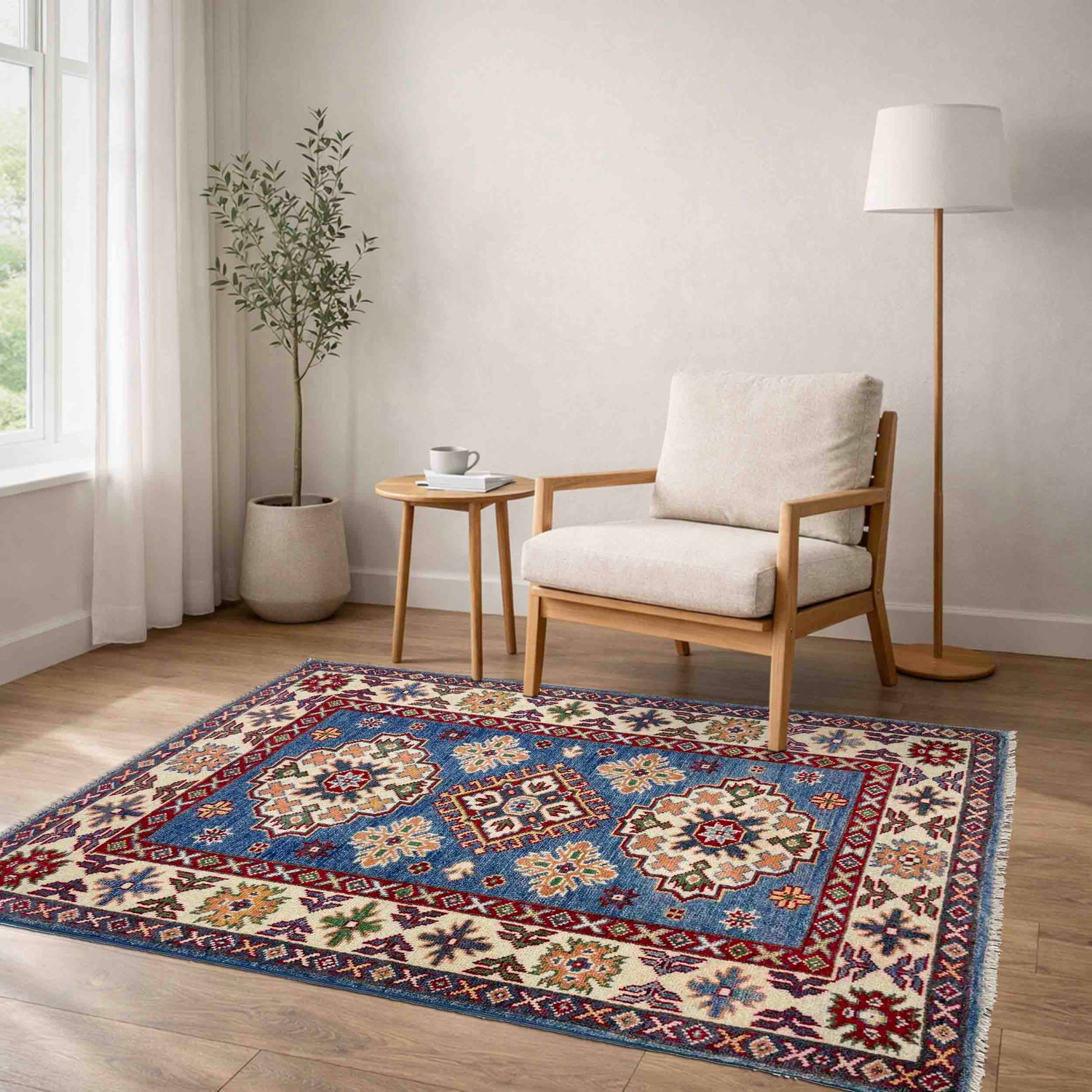 Kazak Rug Handmade Blue Medallion 2x4 ft