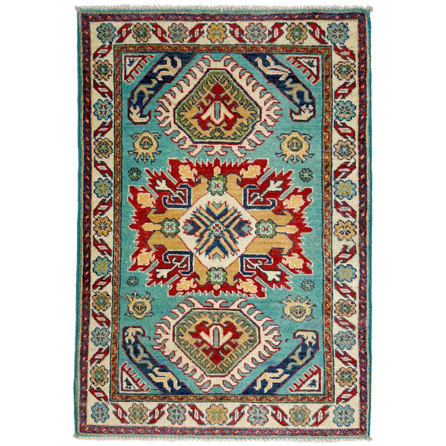Kazak Rug Handmade Blue Medallion 2x4 ft