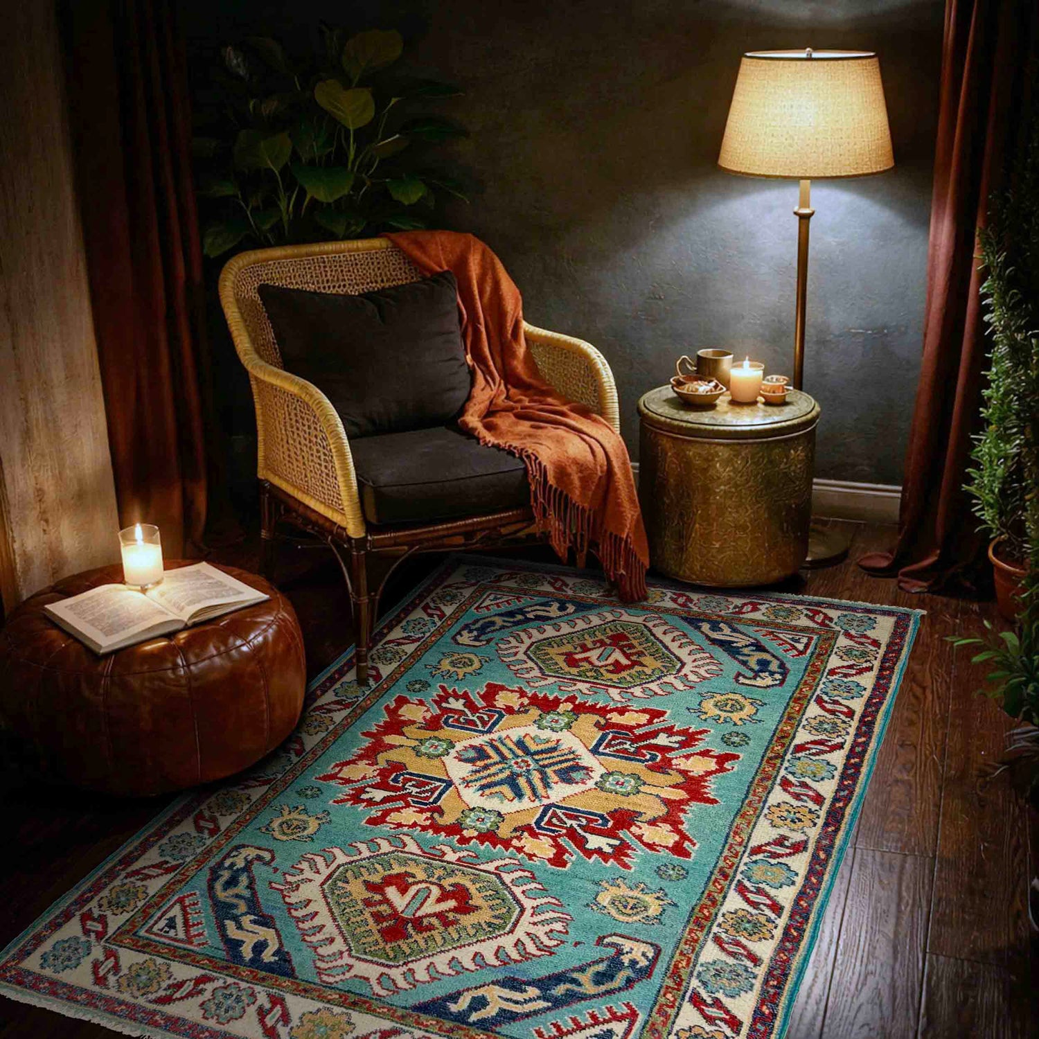 Kazak Rug Handmade Blue Medallion 2x4 ft