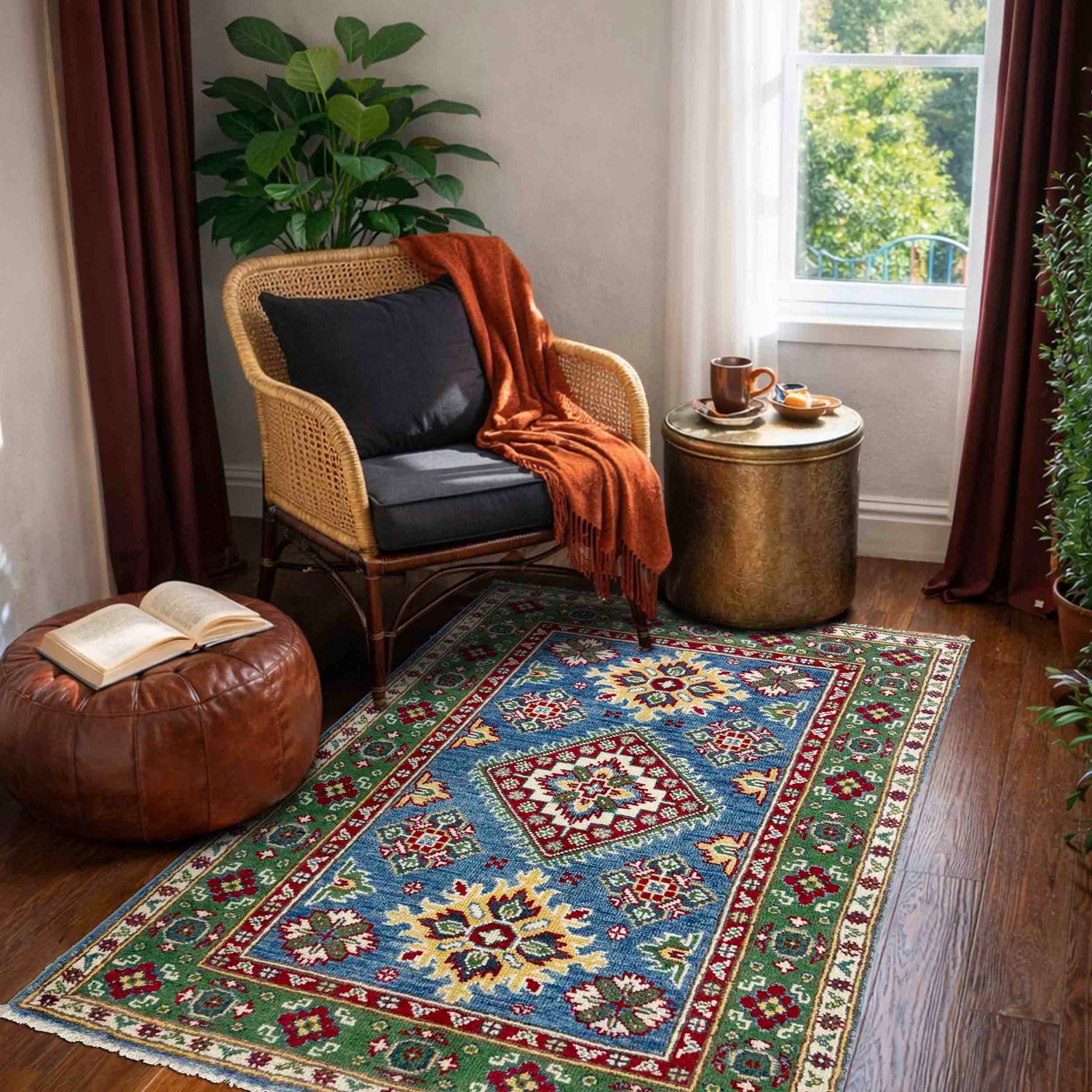 Kazak Rug Handmade Blue Medallion 2x4 ft