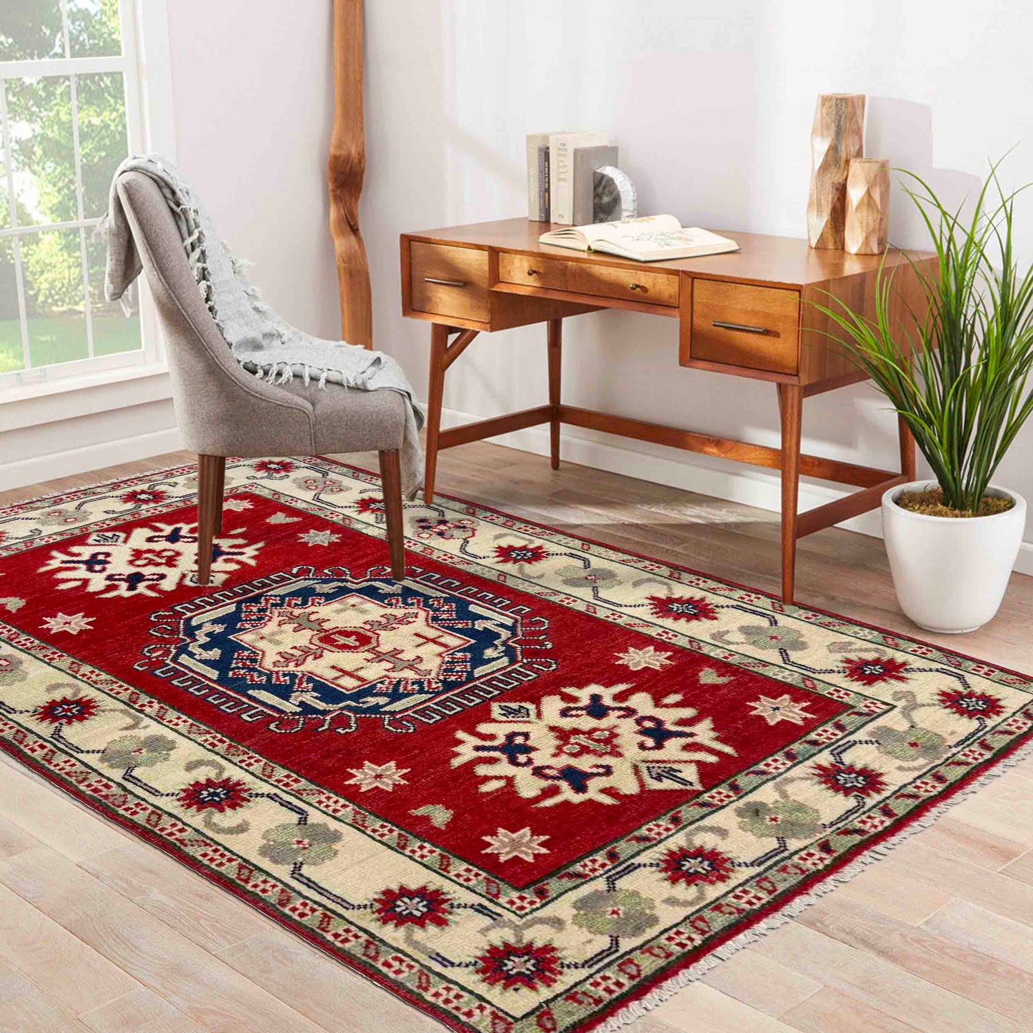 Kazak Rug Handmade Red Medallion 2x4 ft