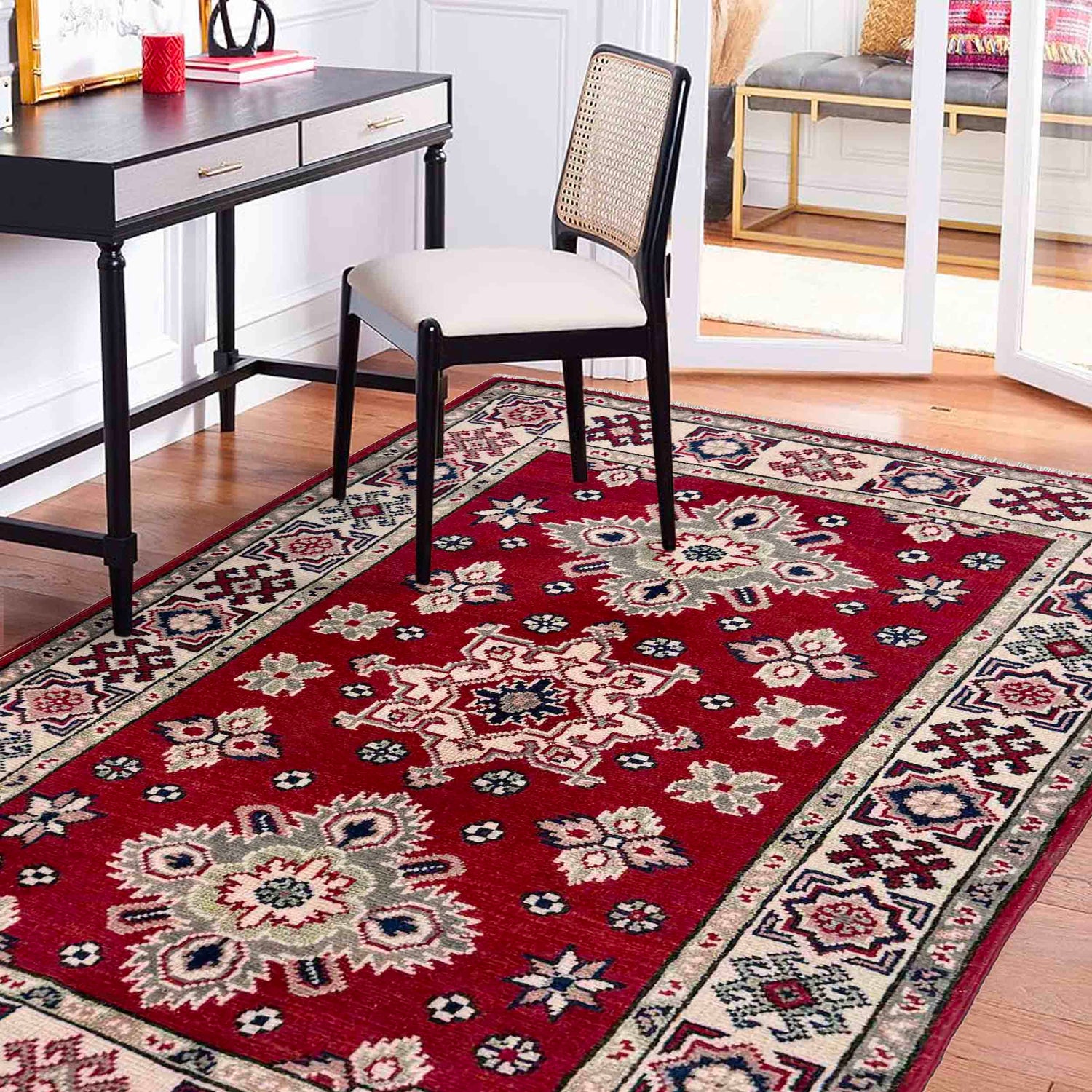 Kazak Rug Handmade Red Medallion 2x4 ft
