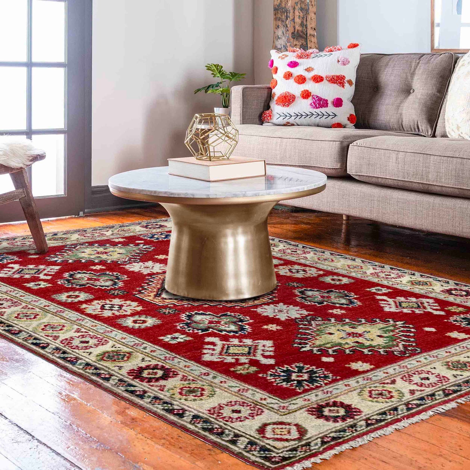 Kazak Rug Handmade Red Medallion 2x4 ft