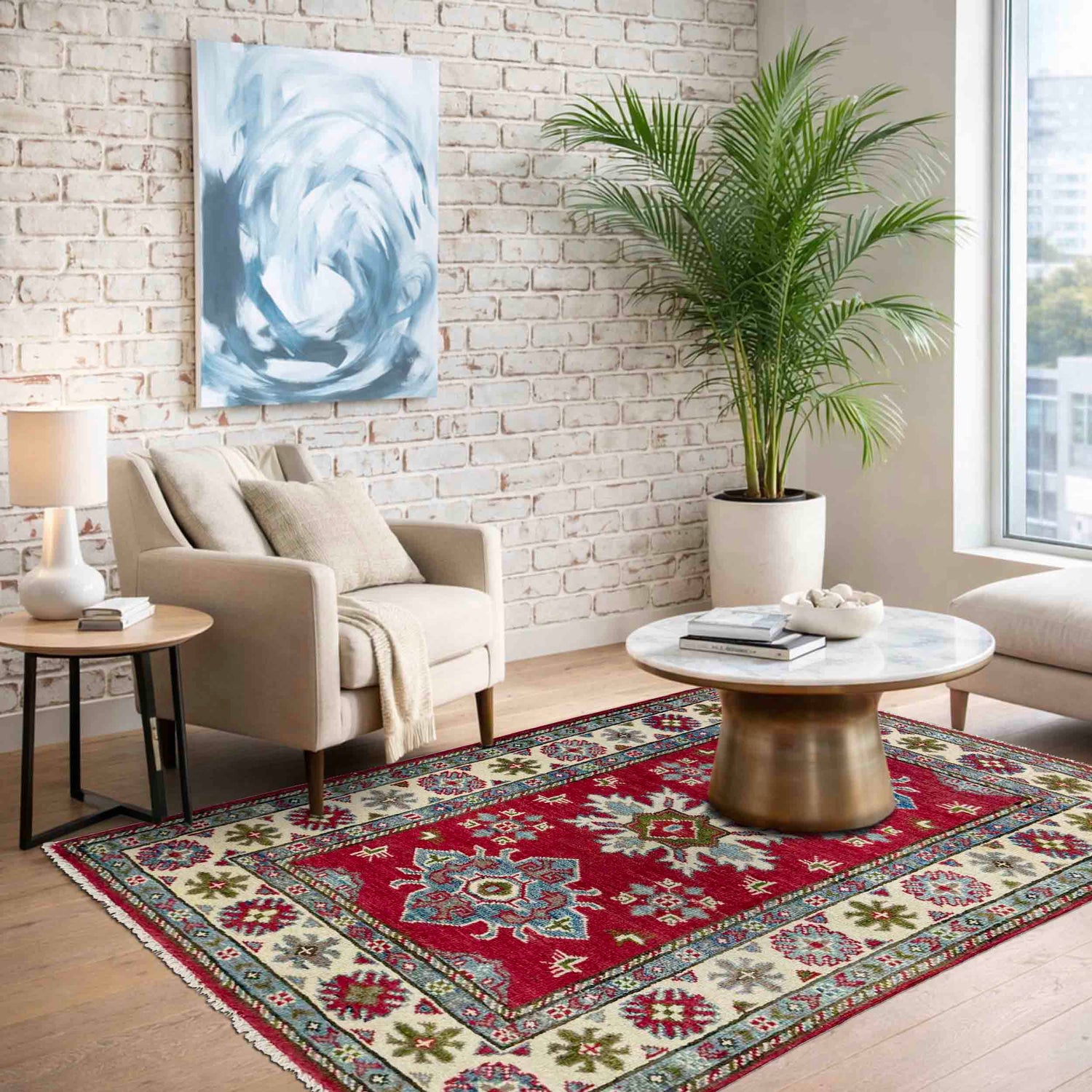 Kazak Rug Handmade Red Medallion 2x4 ft