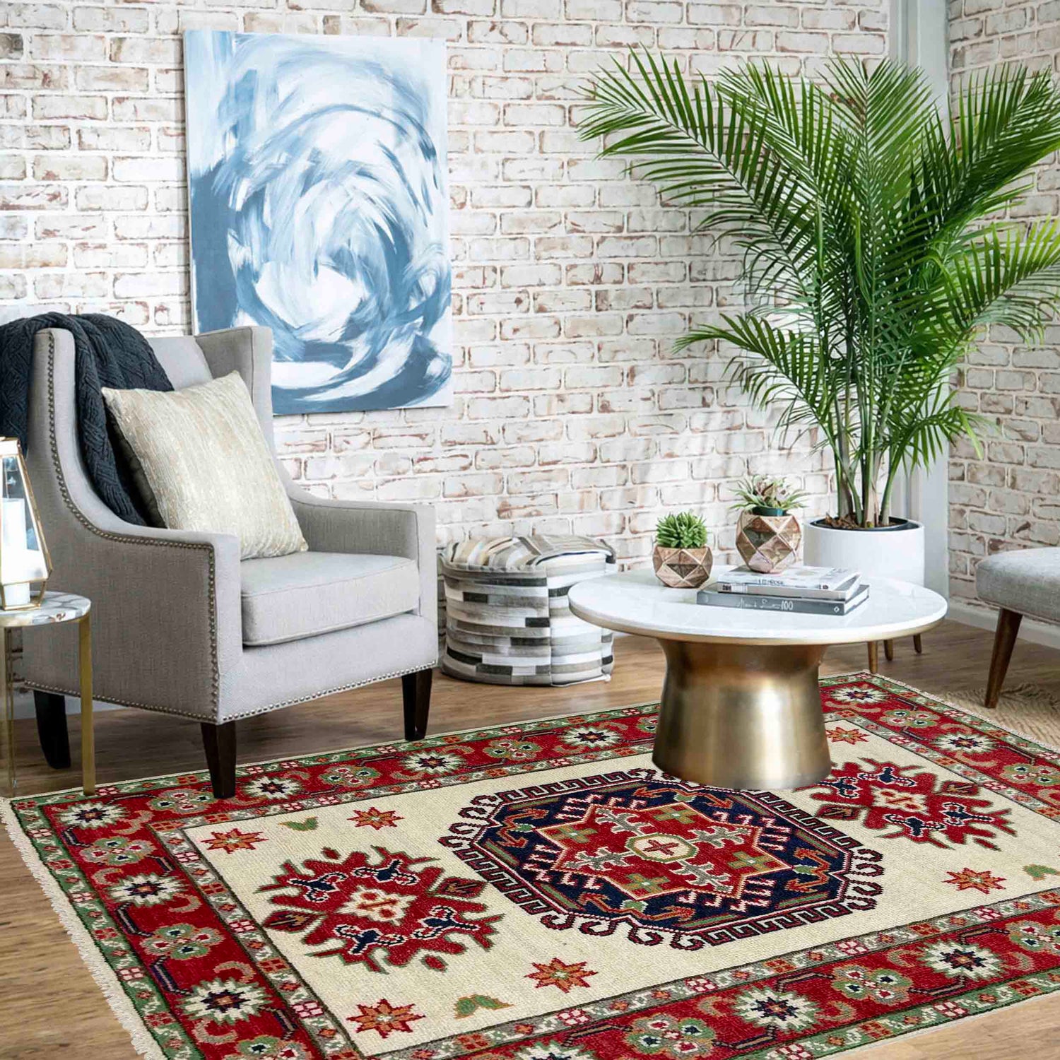 Kazak Rug Handmade Beige Medallion 2x4 ft