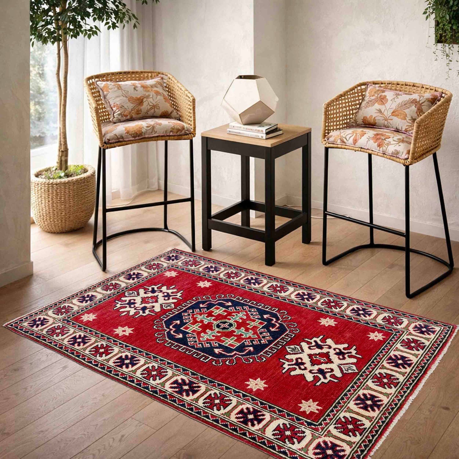 Kazak Rug Handmade Red Medallion 2x4 ft
