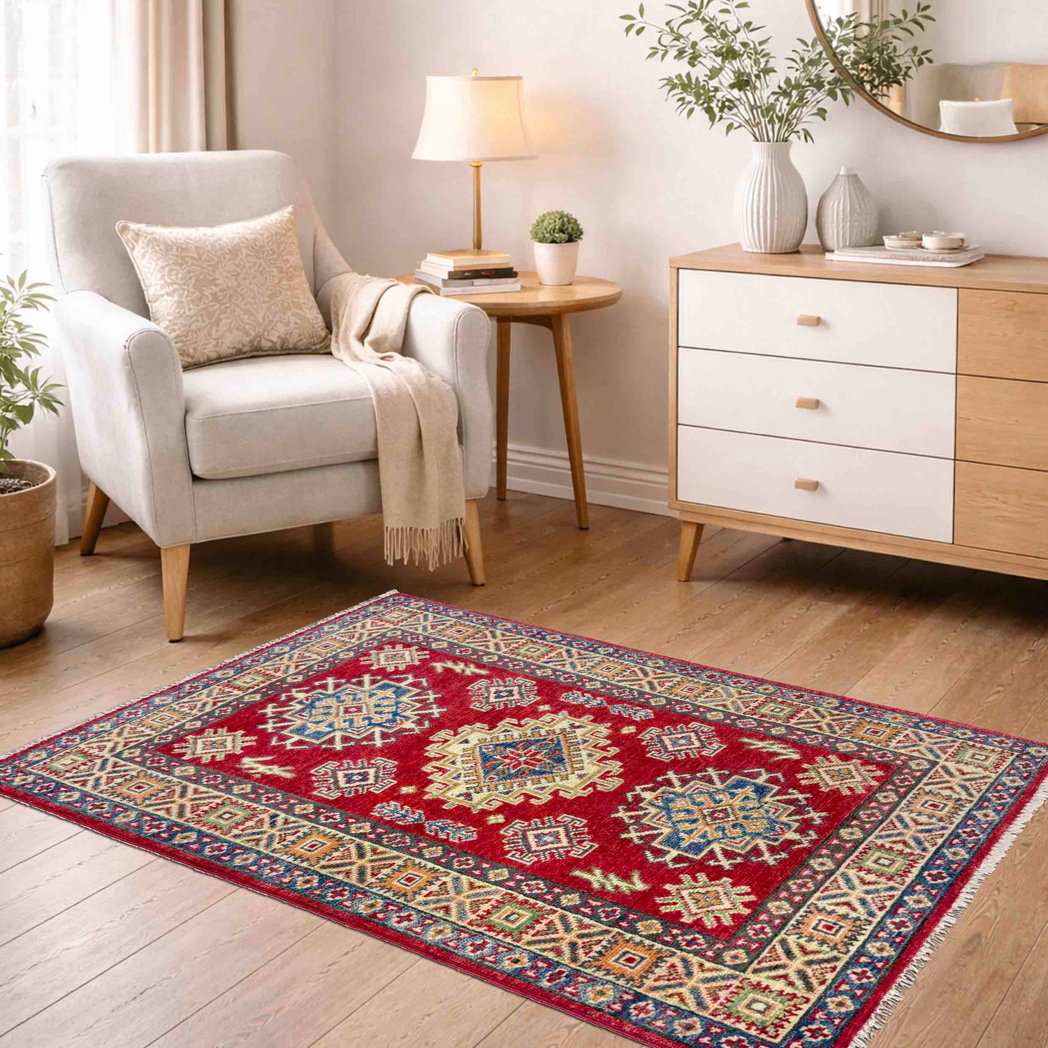 Kazak Rug Handmade Red Medallion 2x4 ft