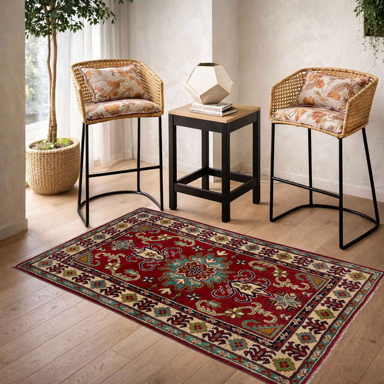 Kazak Rug Handmade Red Medallion 2x4 ft