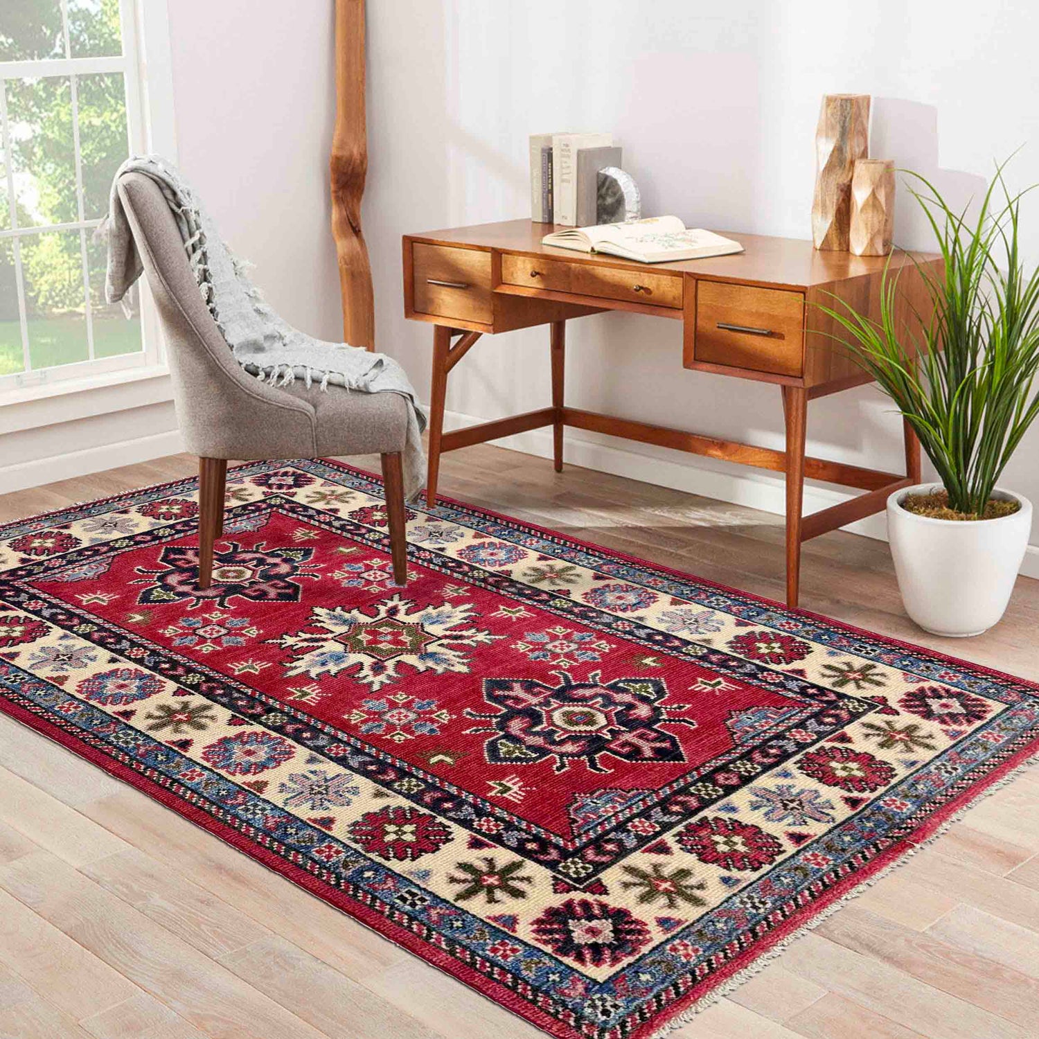 Kazak Rug Handmade Red Medallion 2x4 ft