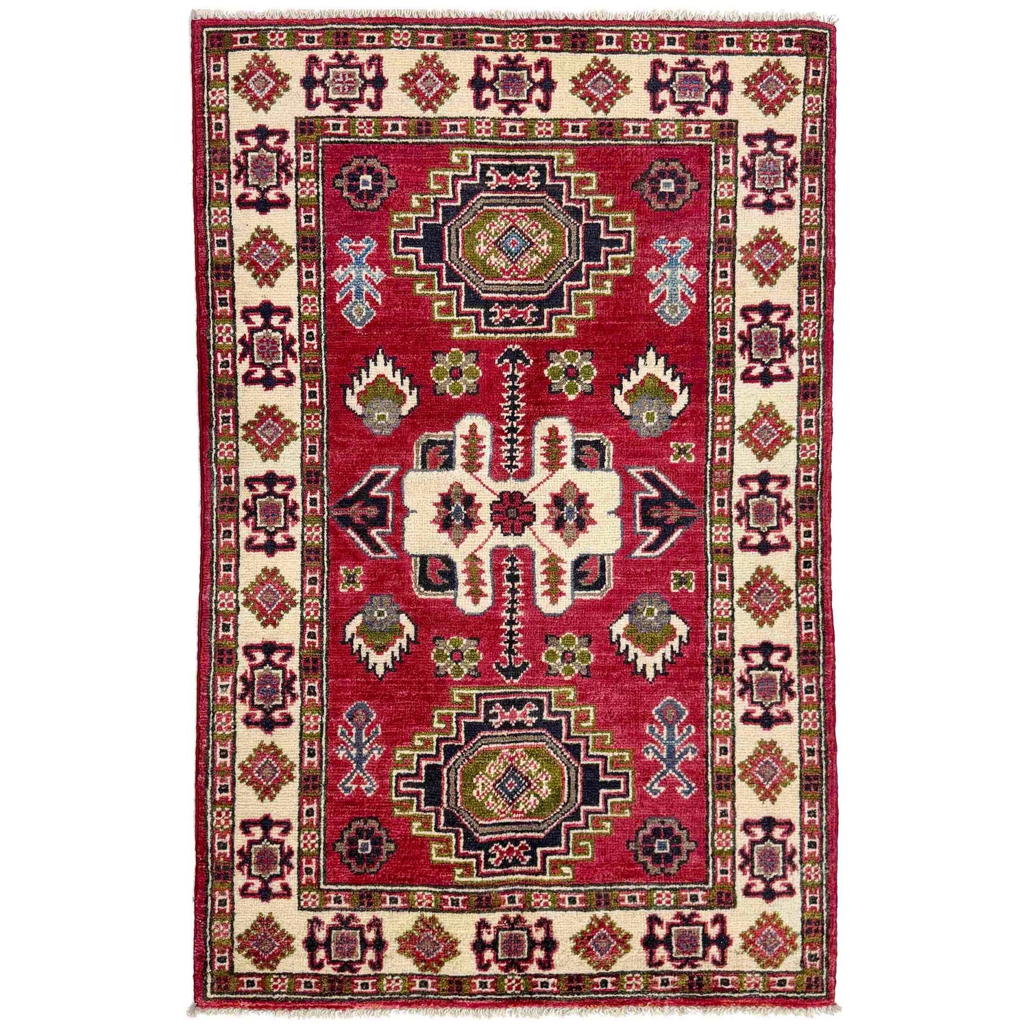 Kazak Rug Handmade Red Medallion 2x4 ft