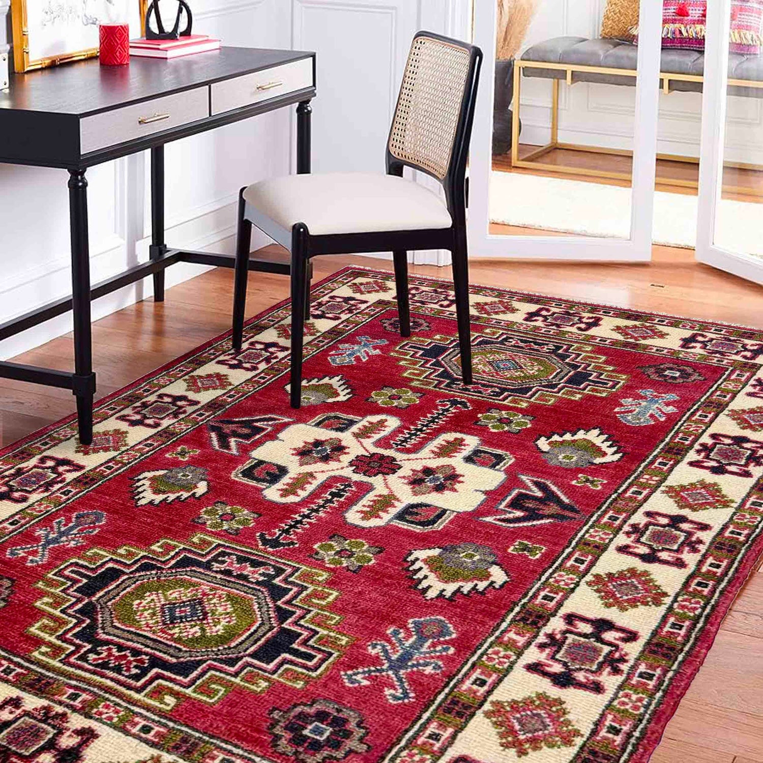 Kazak Rug Handmade Red Medallion 2x4 ft